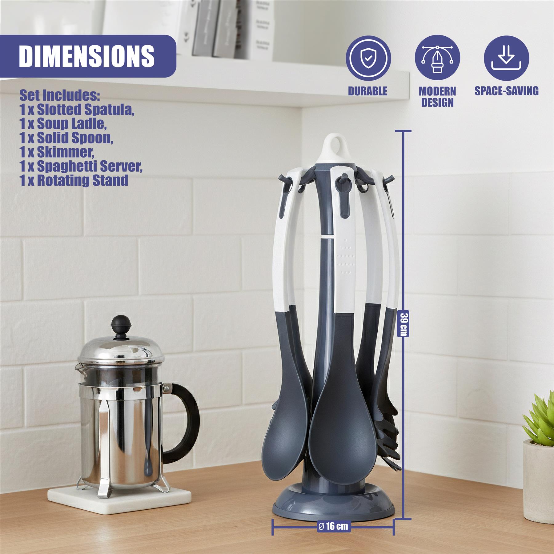 Stainless steel canister paired with a set of five kitchen utensils displayed vertically on a weighted stand.