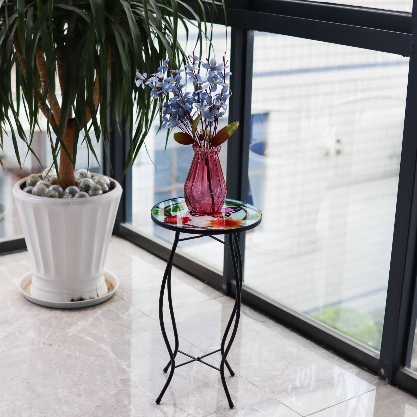 GEEZY Round Side Mosaic Table With Small Butterfly Design