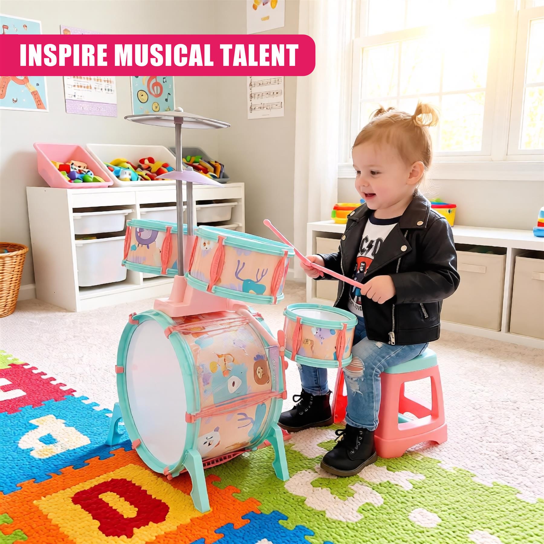 Pink and Green Multi functional Kids Jazz Drum Set 