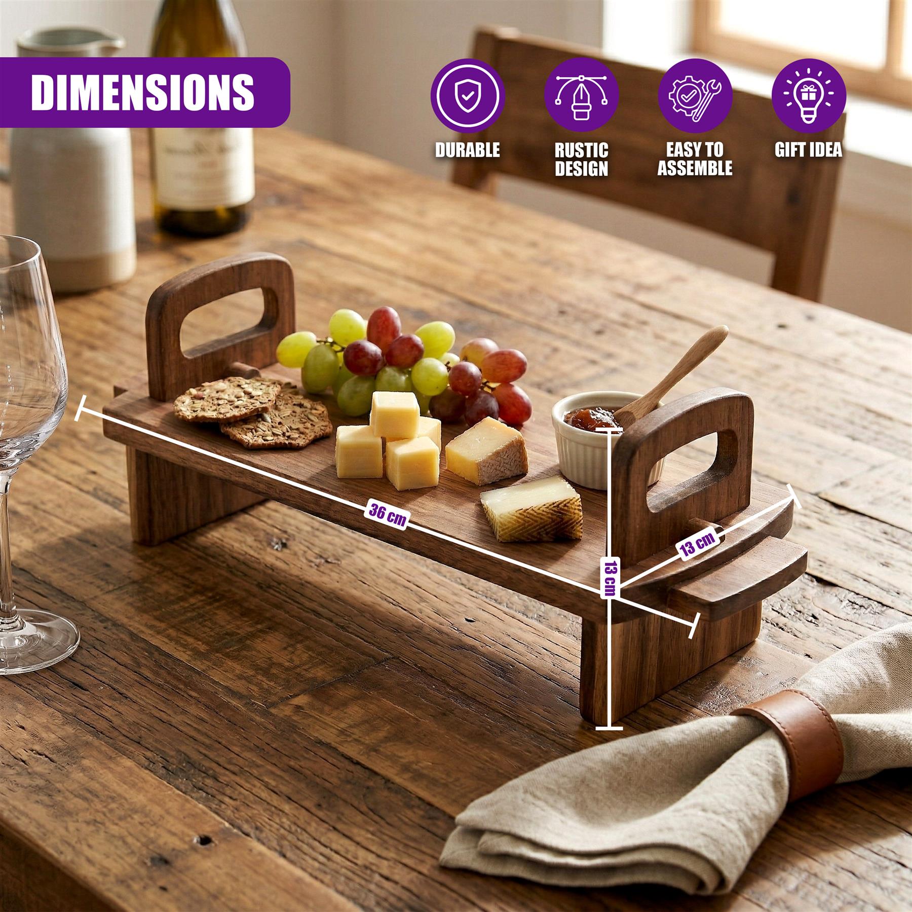 Acacia wood serving platter displays grapes, cheese, and crackers on a rustic wooden table.