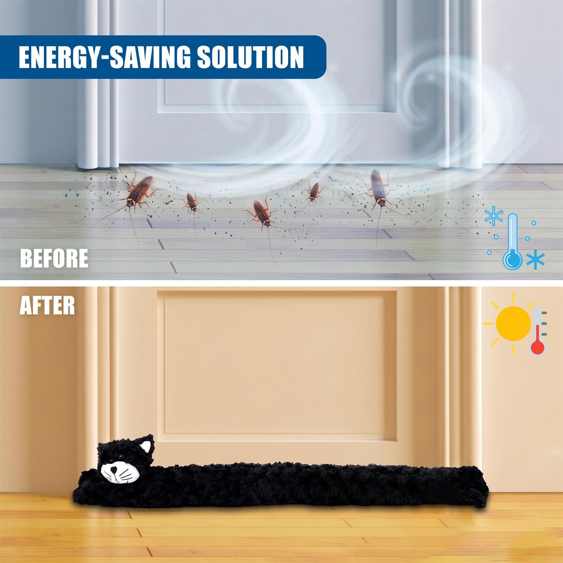 Black novelty cat draught excluder placed across the bottom of a doorway.
