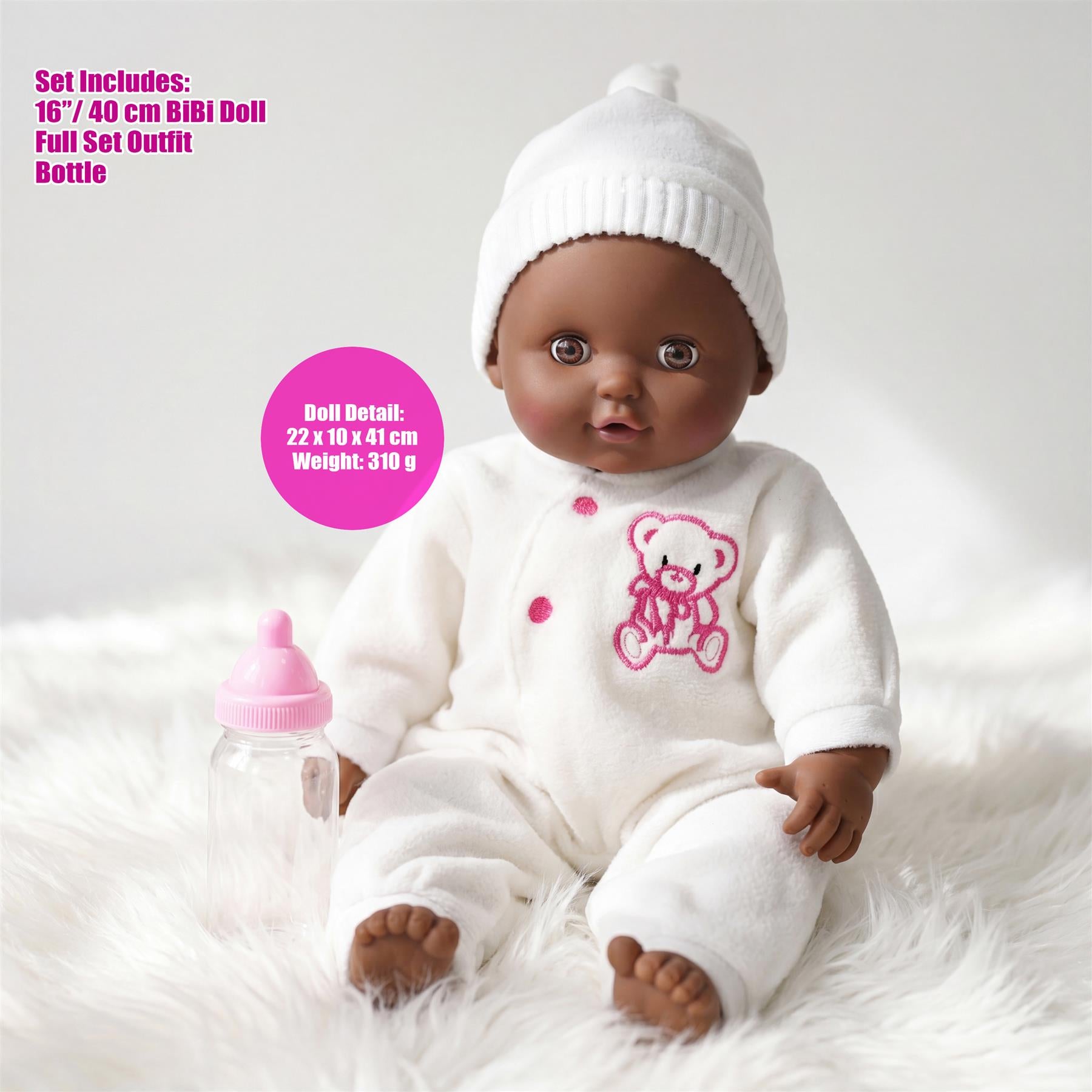 Black fabric sleep doll measuring 40 centimeters is shown resting peacefully on a surface.