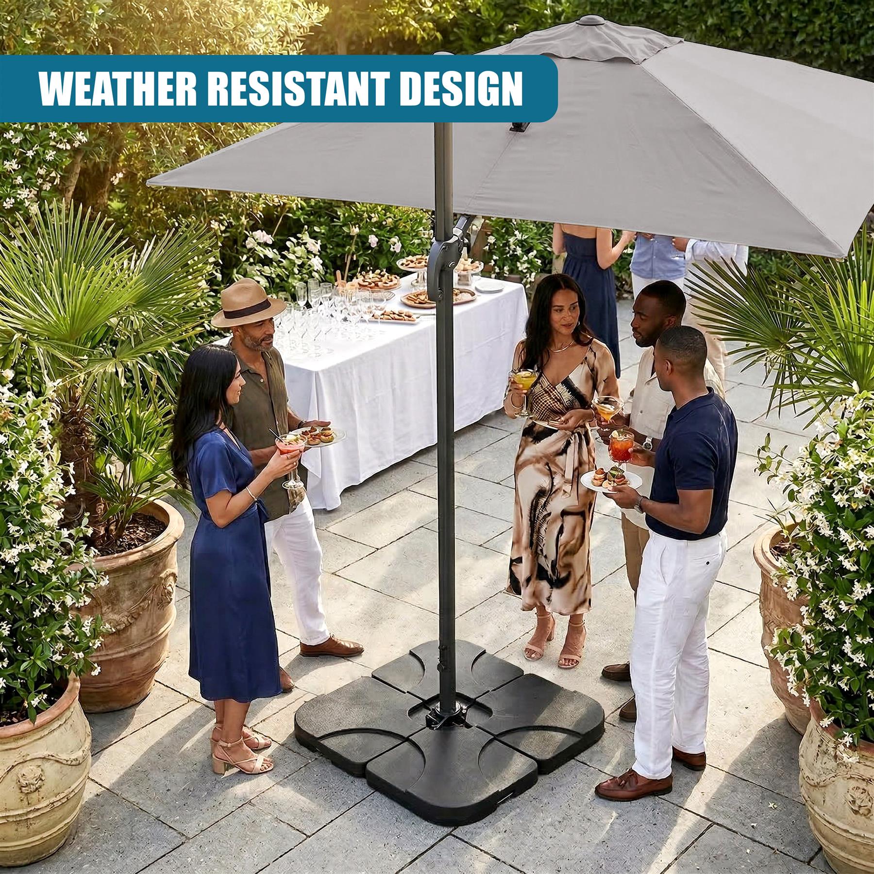 Large cantilever parasol with a square black base provides shade over an outdoor event table.