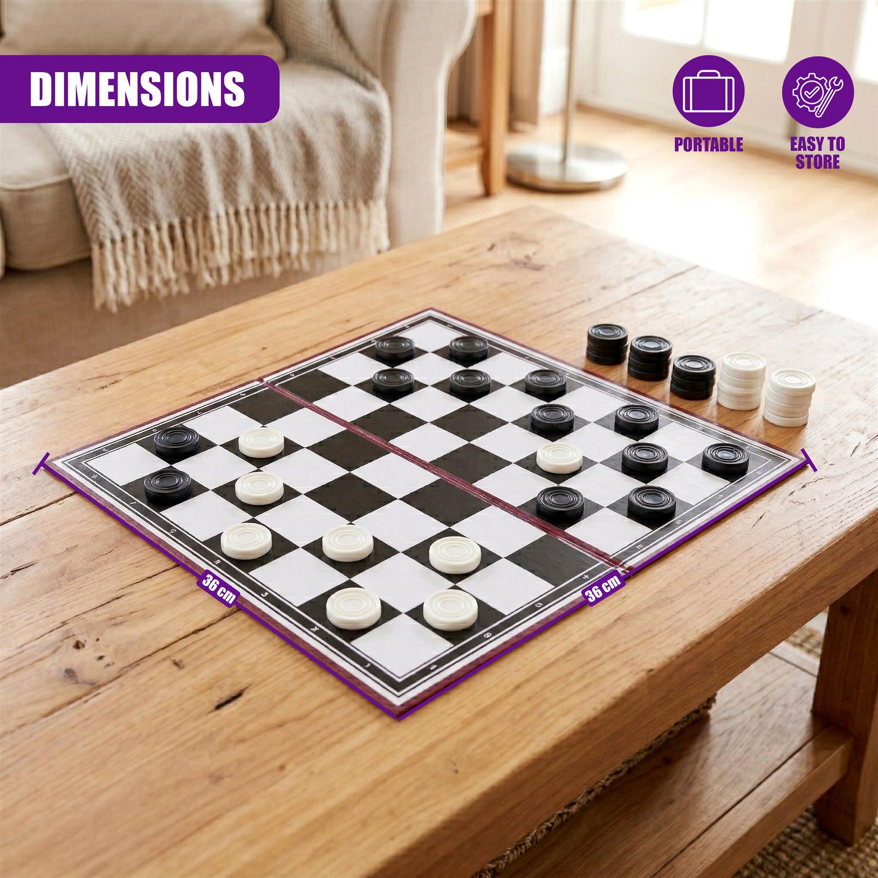 Folding checkerboard draughts game shown on a wooden table with several white and black playing pieces.