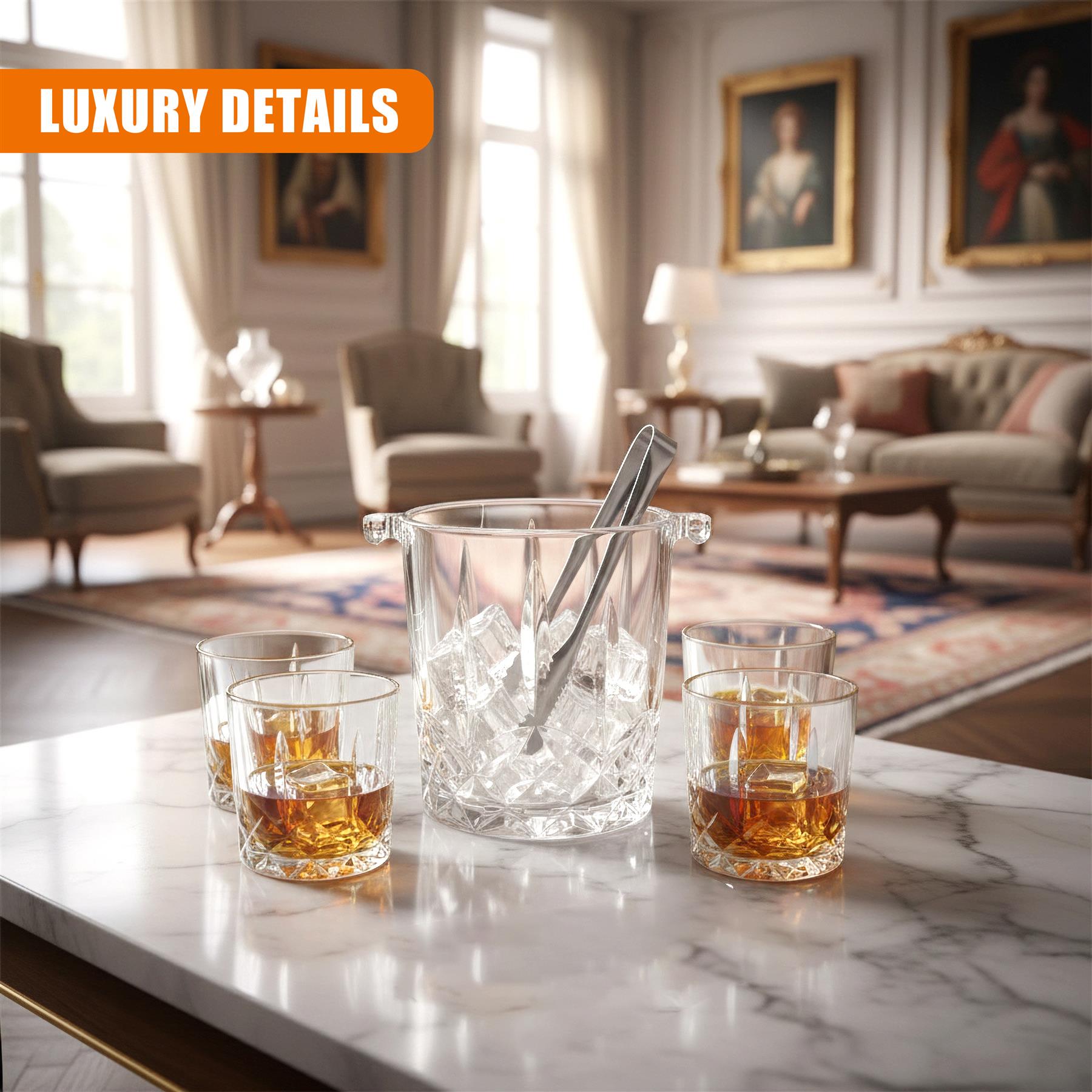 Set of 4 Whiskey Glasses with Ice Bucket