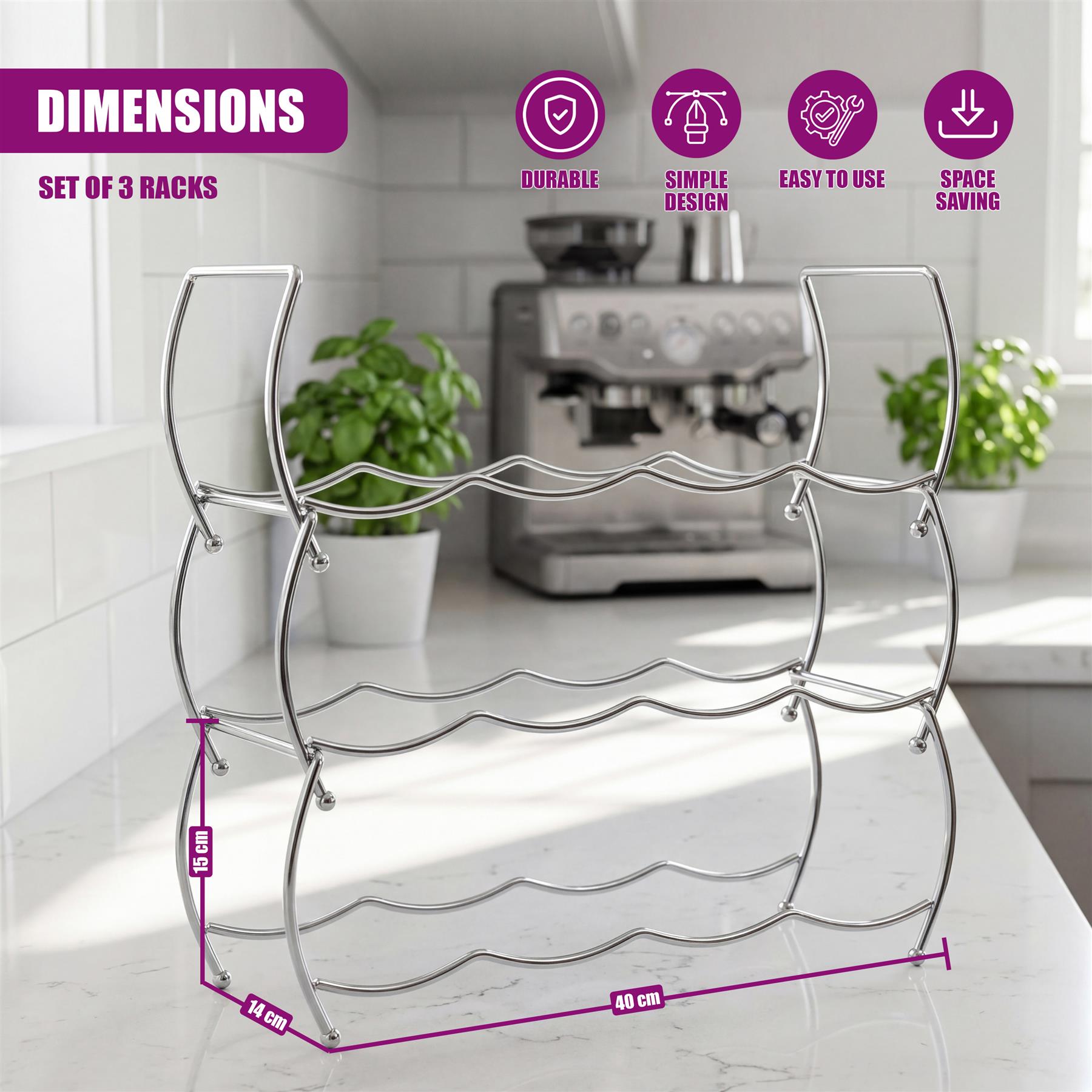 Stackable three-tier metal wine rack measuring 40 by 14 centimeters for bottle storage.