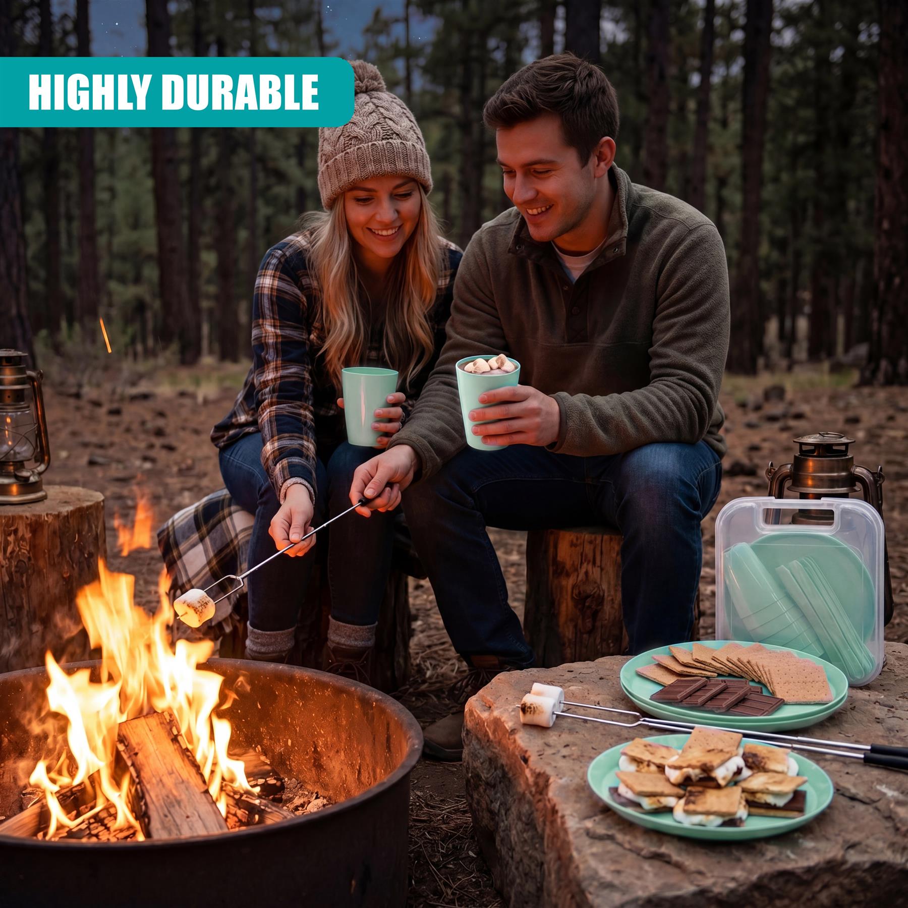 Picnic setting on stone featuring snack plates, dipping pots, and accompanying roasting utensils.