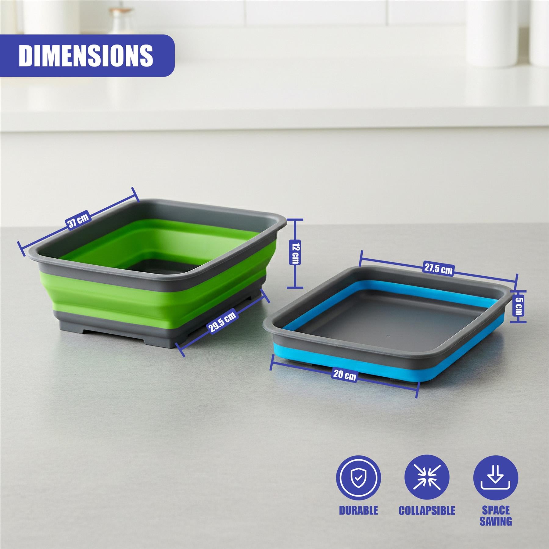 Comparison of two colored, collapsible wash bowls with labeled measurements and dimensions.