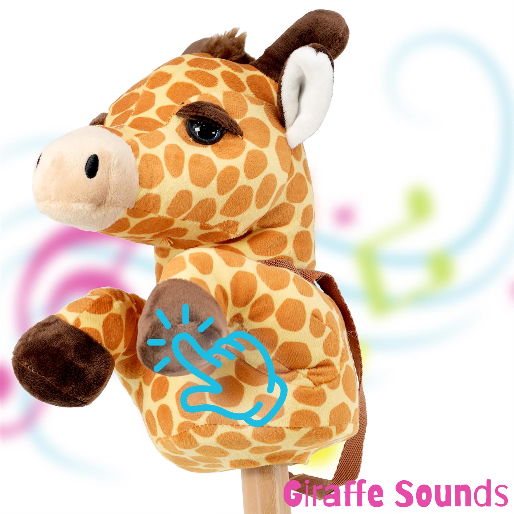 Plush giraffe hobby horse toy featuring realistic sounds, designed for kids. The giraffe has a playful expression and detailed spotted fur, perfect for imaginative play and riding fun. Ideal for children who love animals and outdoor adventures. Available at themagictoyshop.