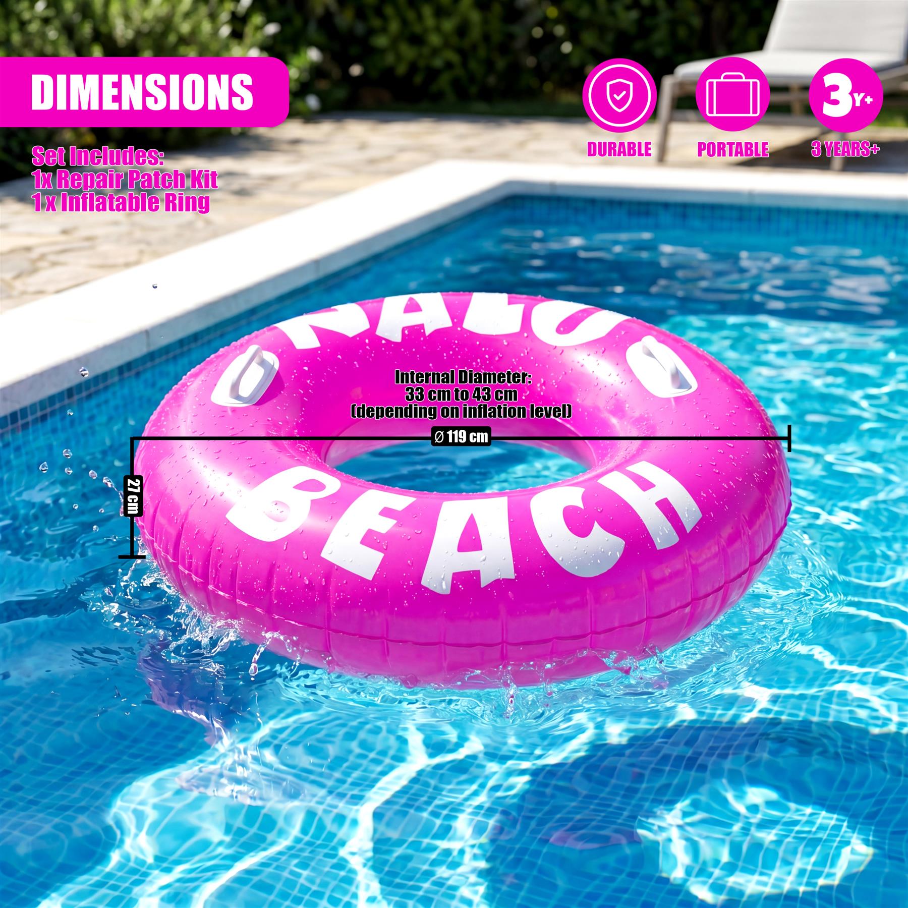 Pink inflatable pool ring with "BEACH" text floating in blue swimming pool water.