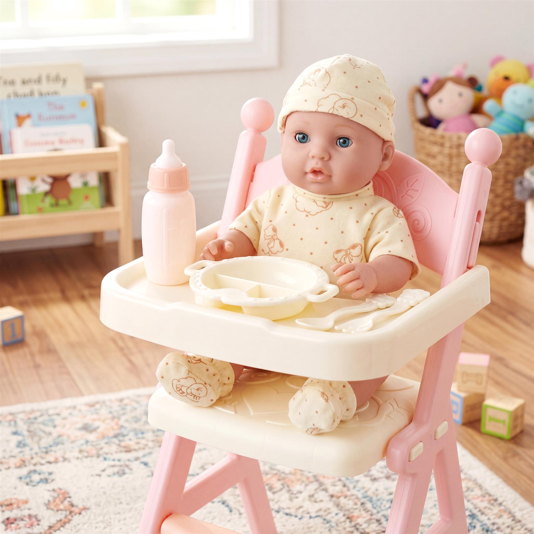 A doll sits in a pink high chair with a feeding bowl, bottle, and soft accessories.