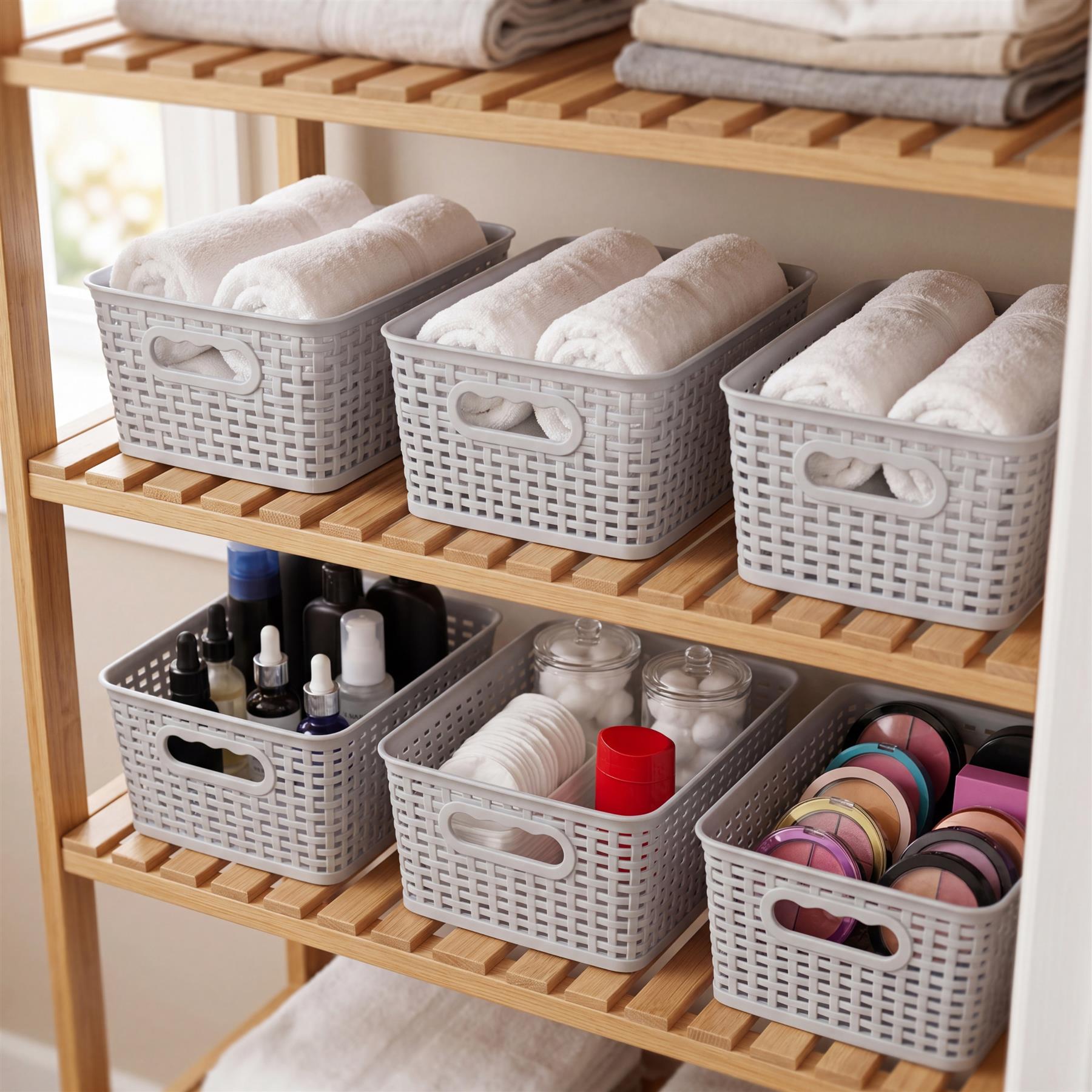 Six gray woven storage baskets hold linens, toiletries, and folded towels on a wooden shelf.