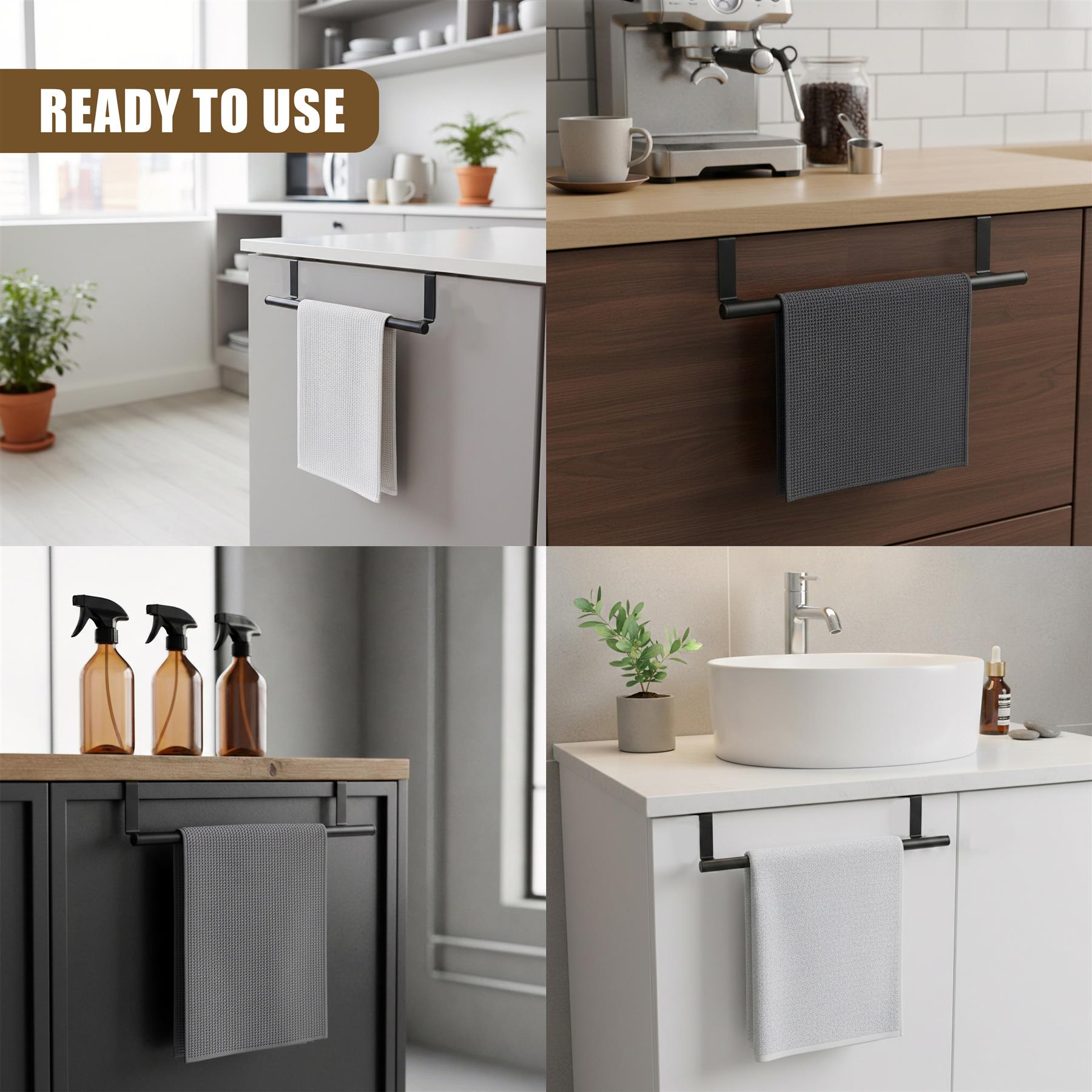 Adjustable metal towel rail hooks mounted on cabinetry for hanging kitchen linens.