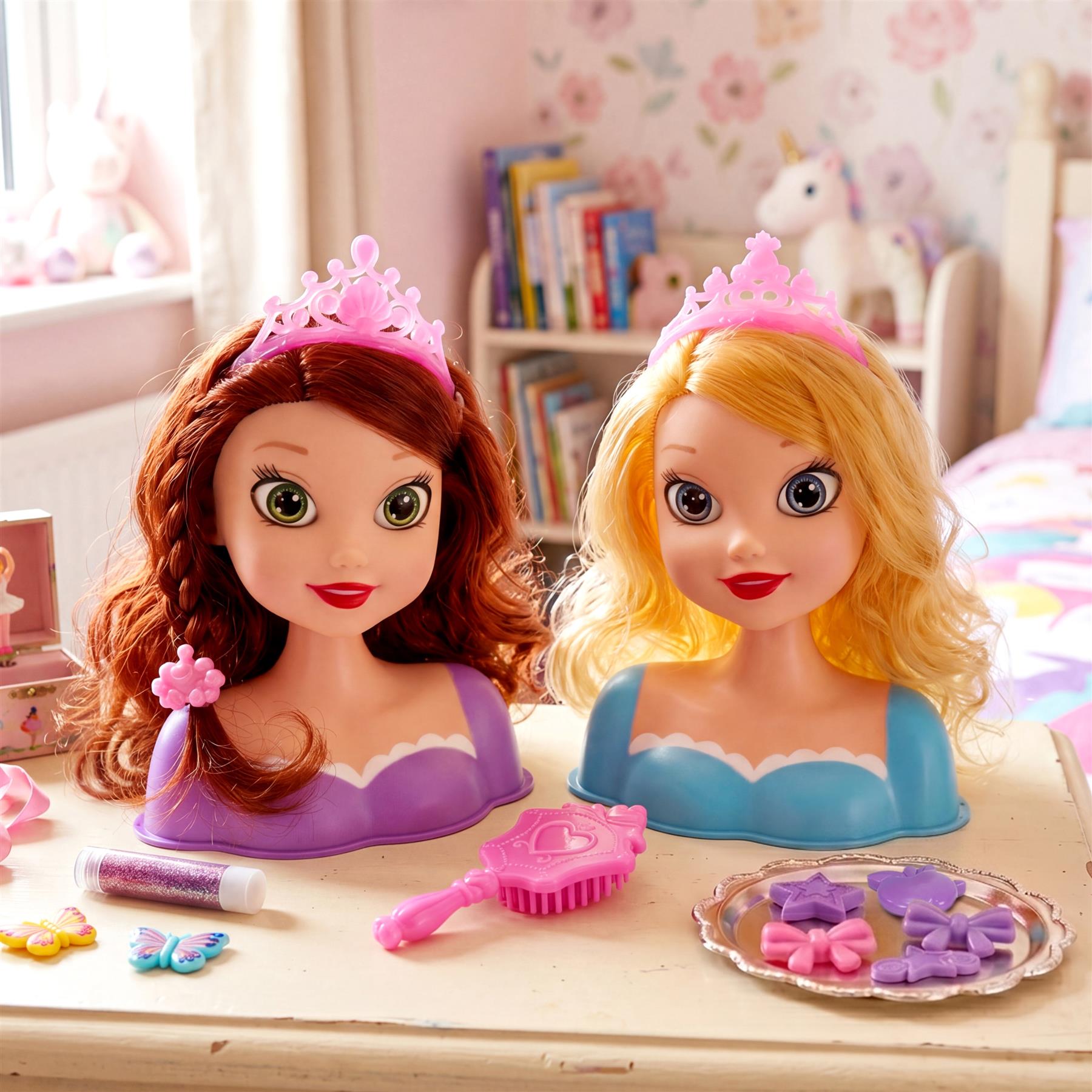 Two doll heads, combs, and various purple decorative hair and nail accessories are displayed on a surface.