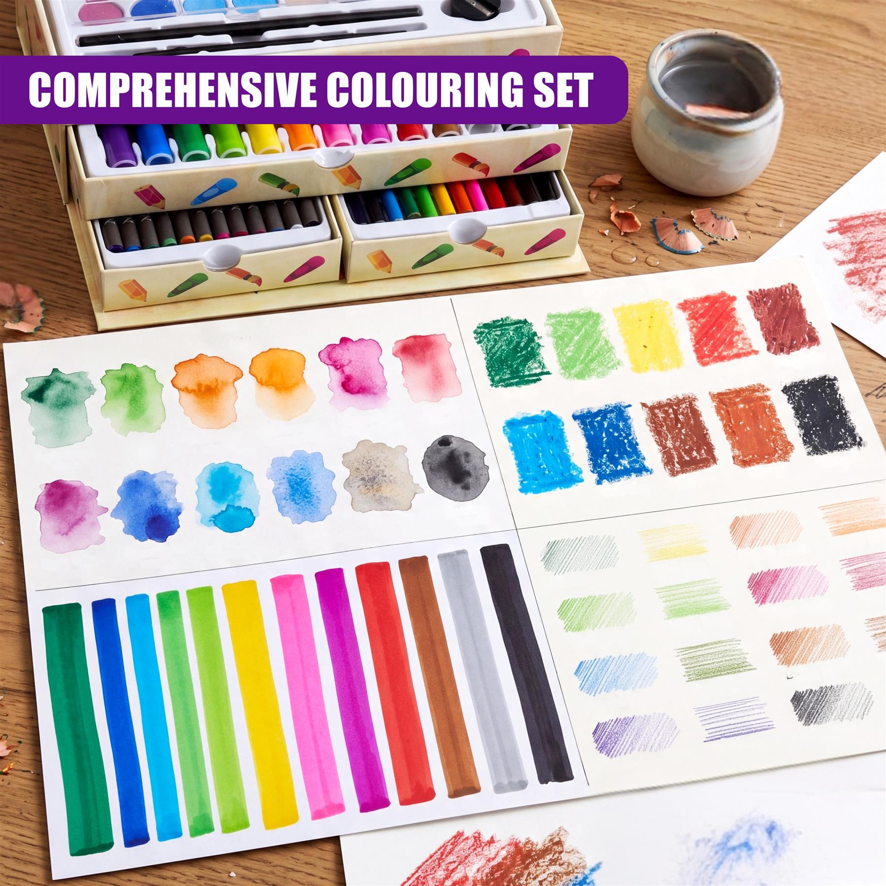 Comprehensive art set containing pencils, colors, and swatches demonstrating a wide spectrum of hues.