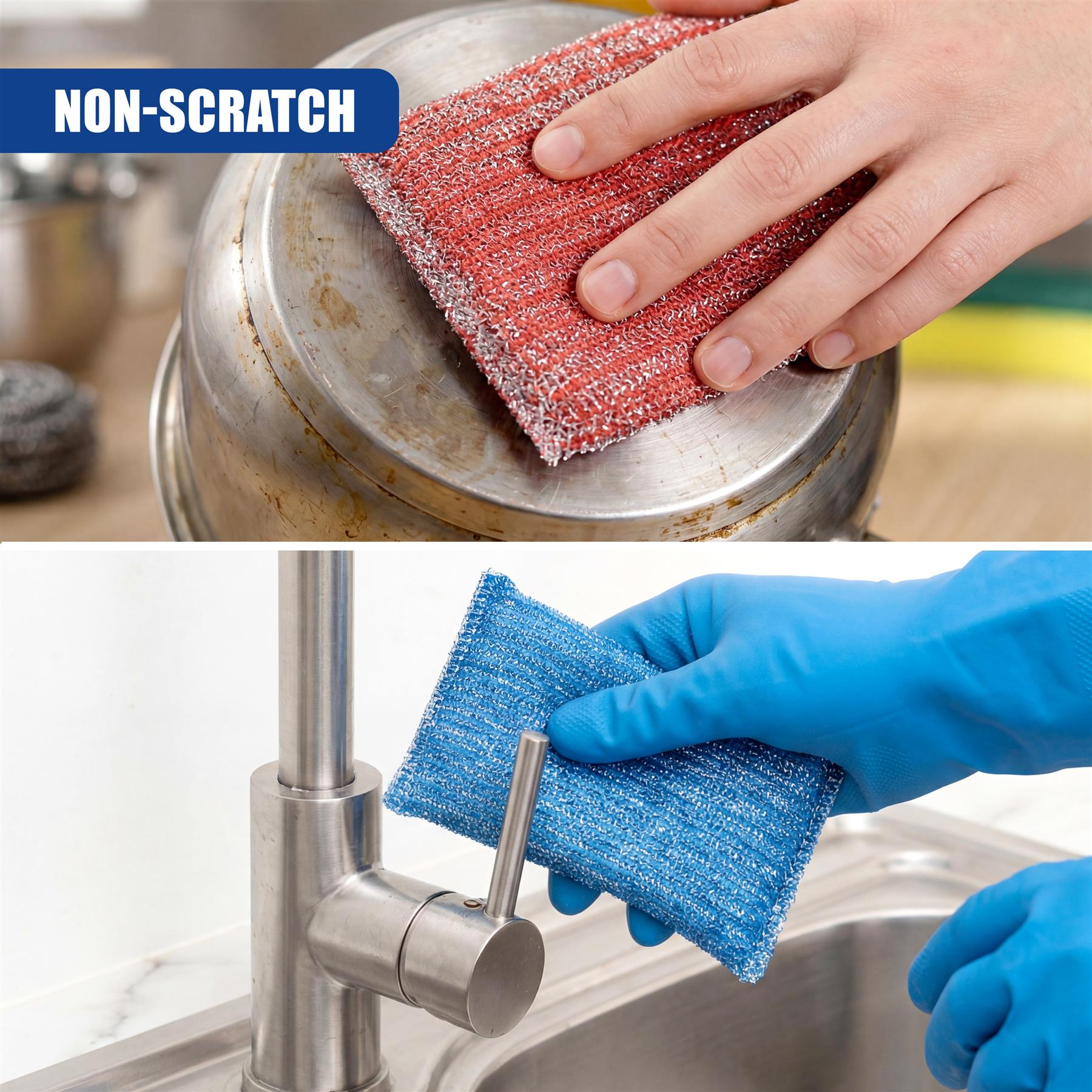 Hands use red scouring pads on metal pots and blue sponges on a chrome kitchen faucet.