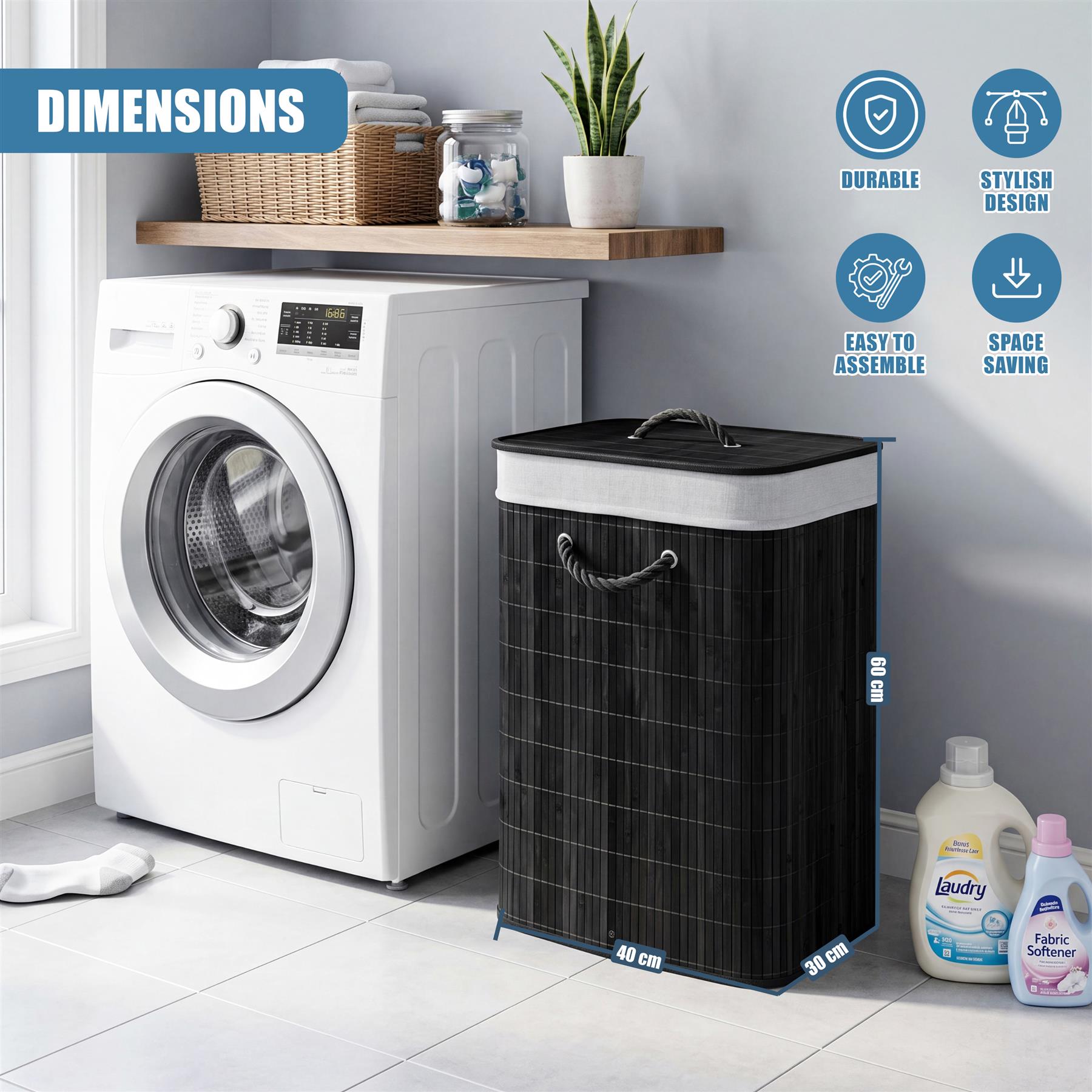 Black Bamboo Laundry Hamper 72L