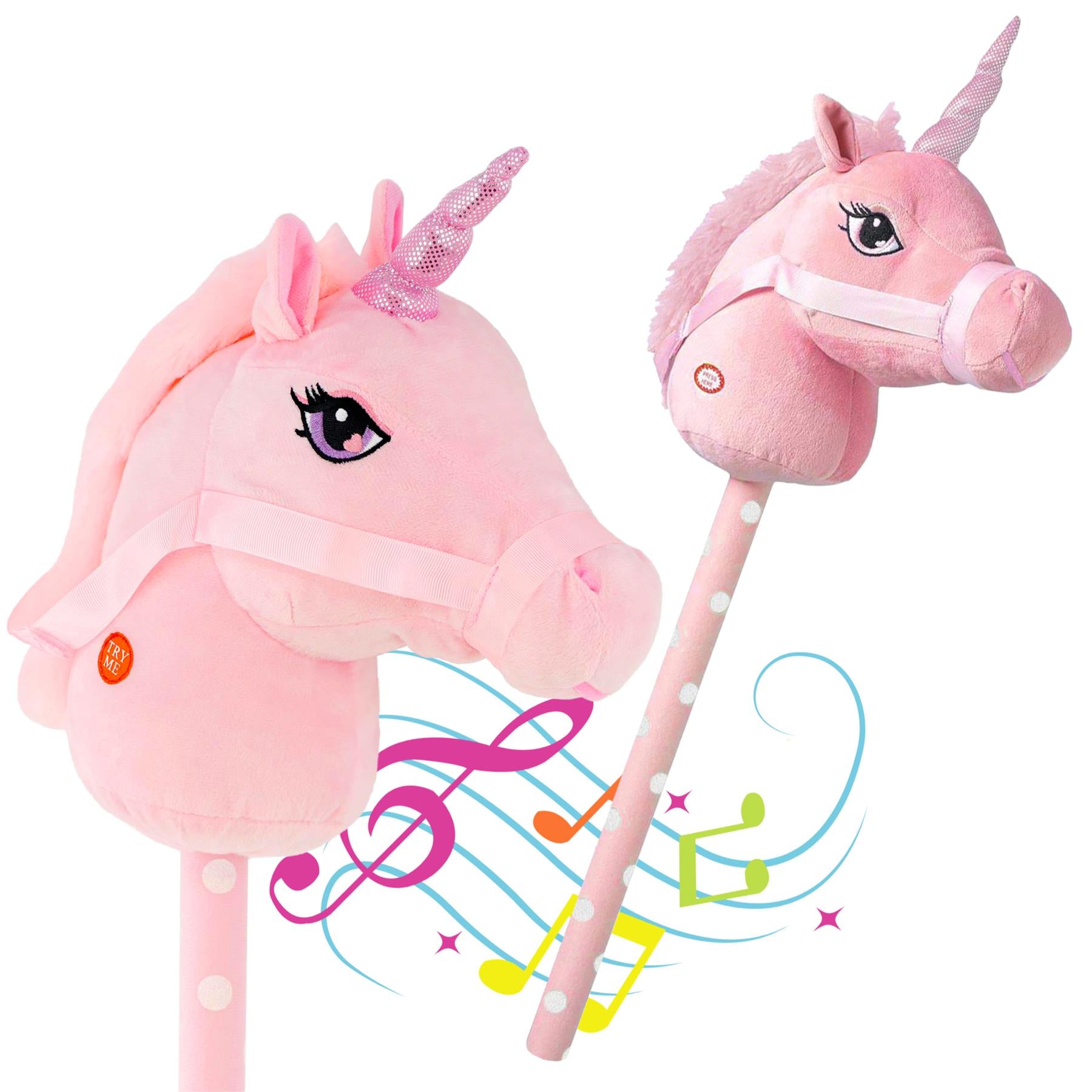 A vibrant pink plush unicorn hobby horse with a shiny sequined horn and a cute face. It features a polka-dotted stick for easy riding and playful musical notes swirling around in the background, adding to its whimsical charm. Perfect for imaginative play and adventures. Designed by themagictoyshop.