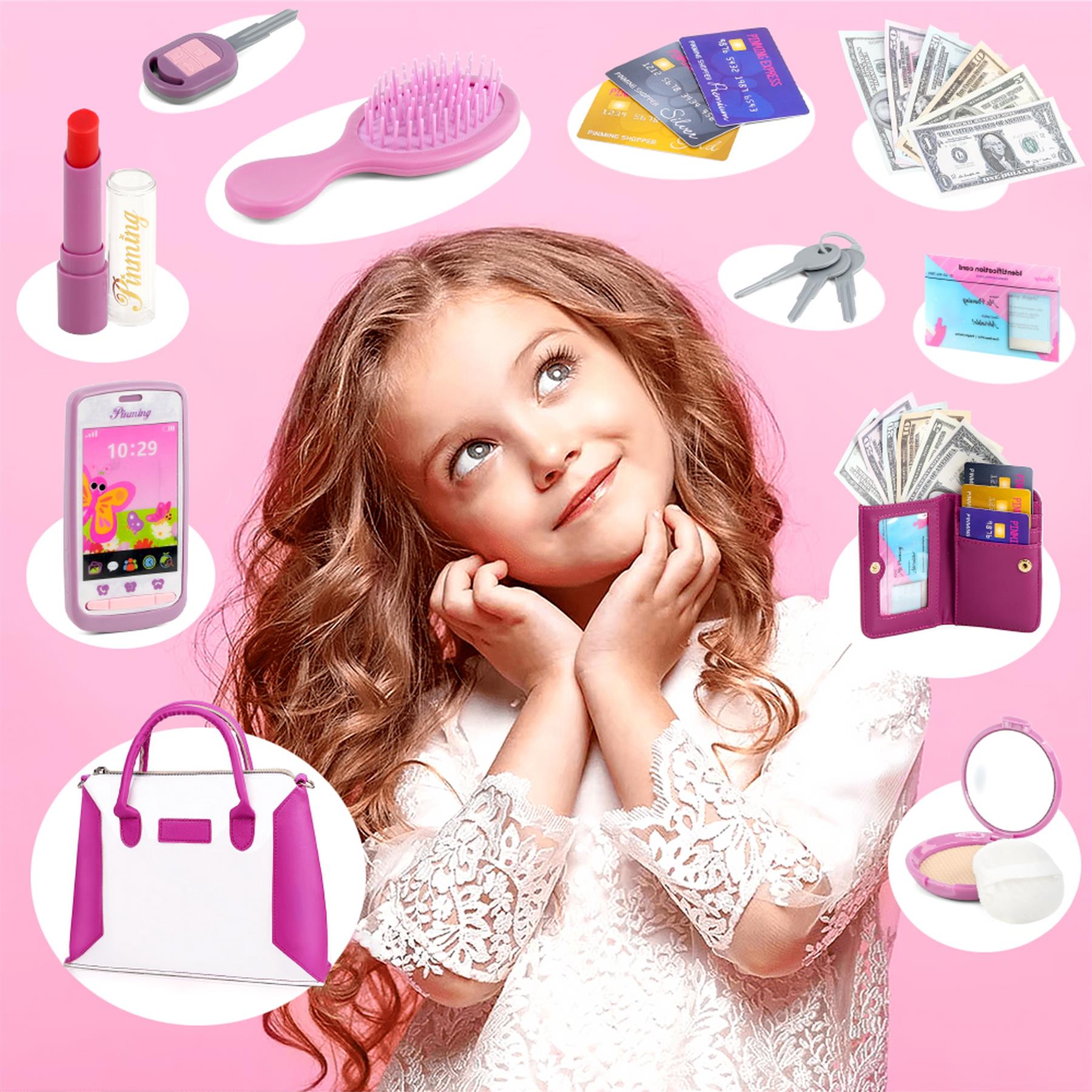 The image features a girl surrounded by cosmetic brushes, makeup palettes, hair tools, and small toy bags.