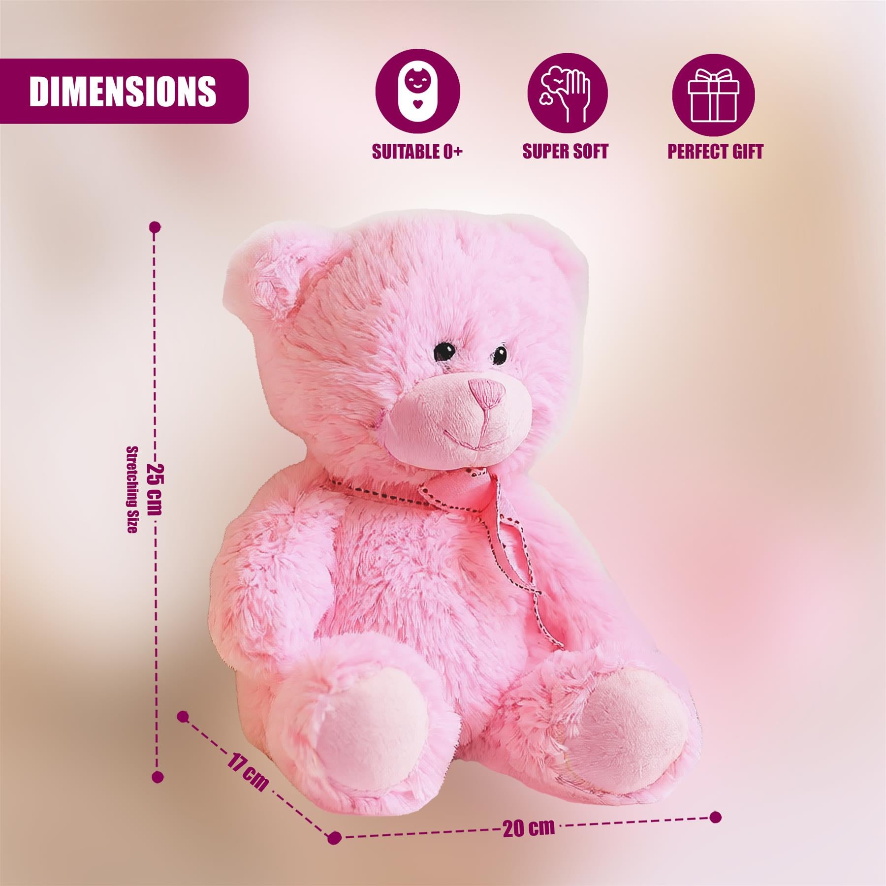 Plush Teddy Bear Pink Soft Toy with Ribbon