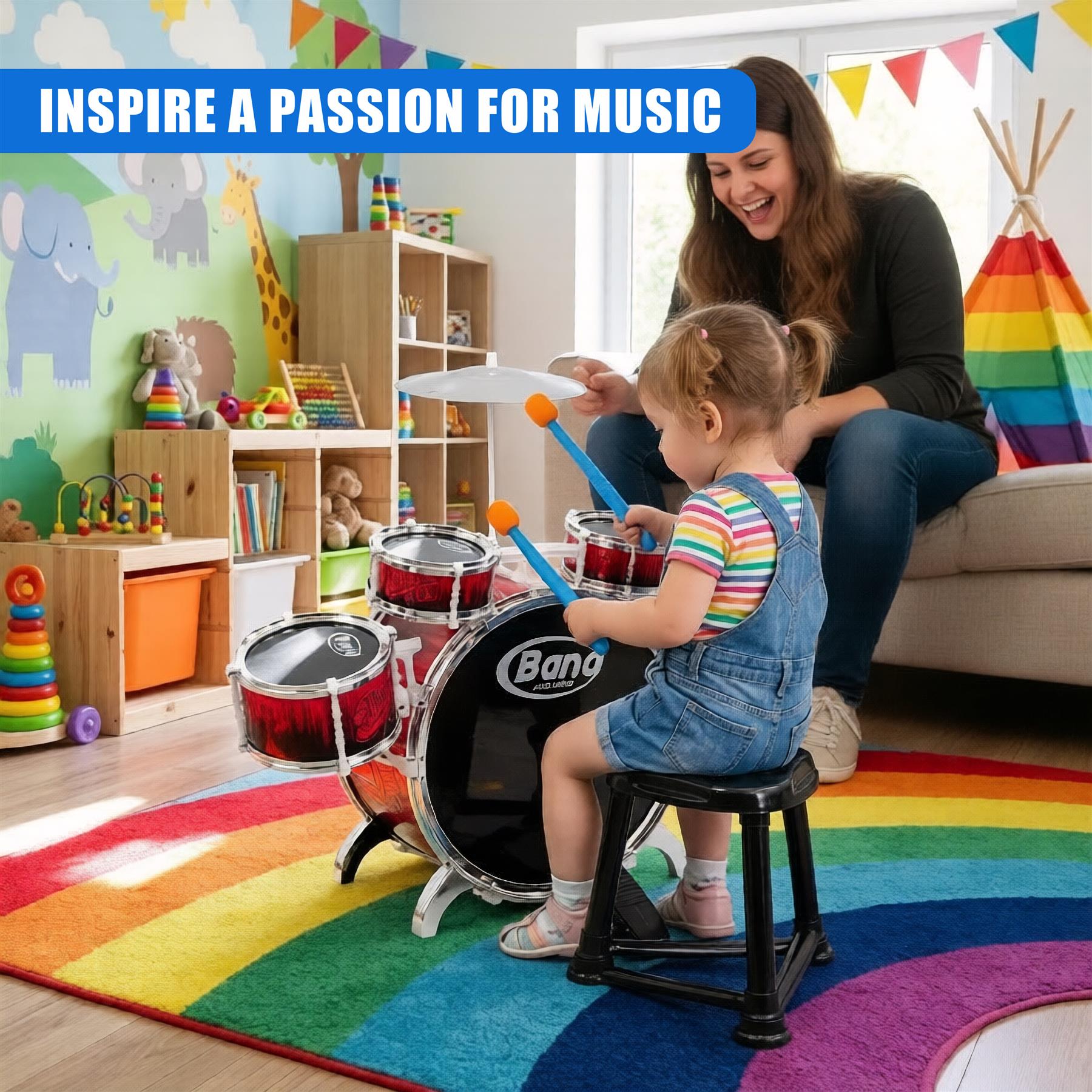 A child's drum playset kit with a stool, designed for young musicians to inspire passion for music. It includes a drum set and a stool. - The Magic Toy Shop