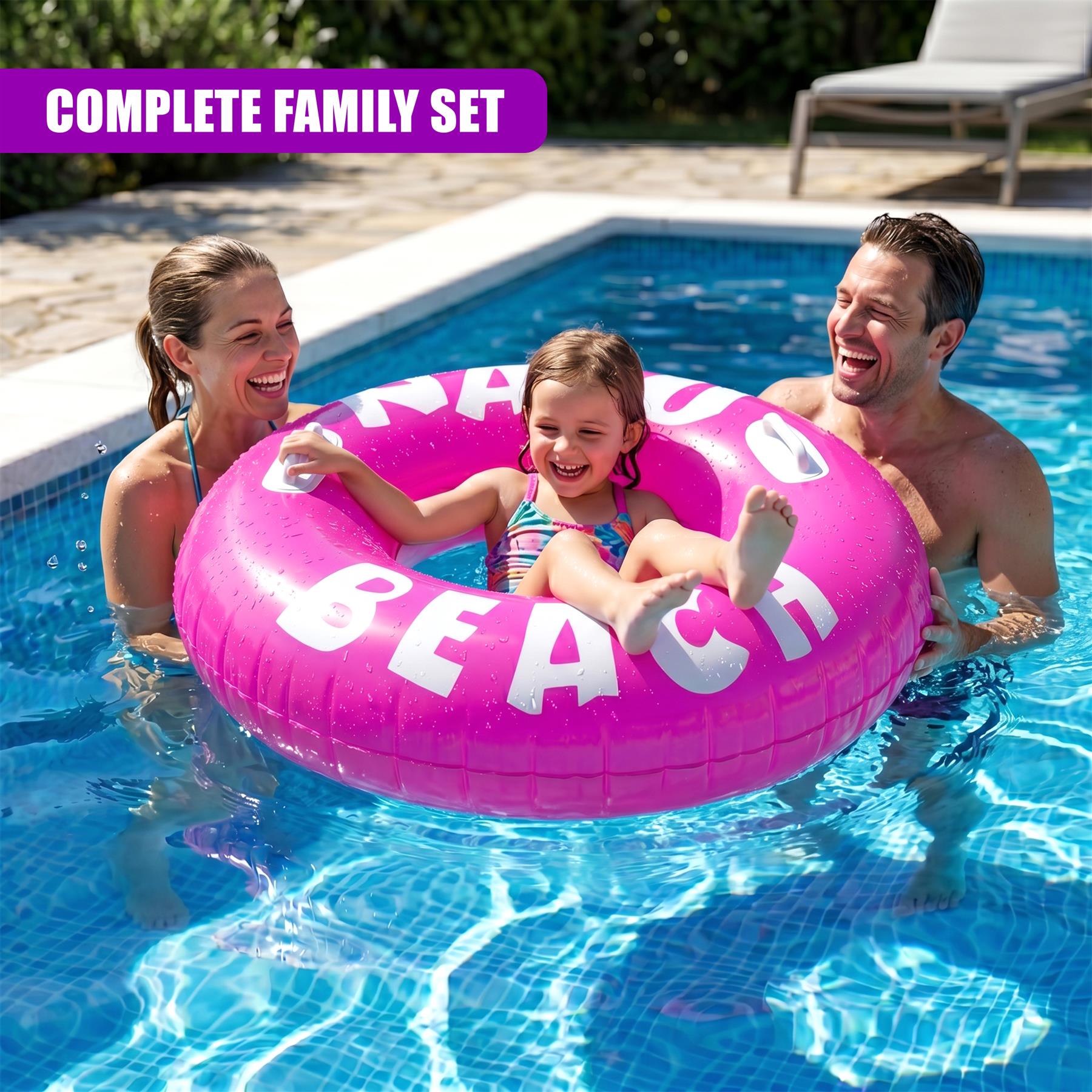 A pink inflatable ring spelling BEACH floats in a blue swimming pool occupied by a smiling family.