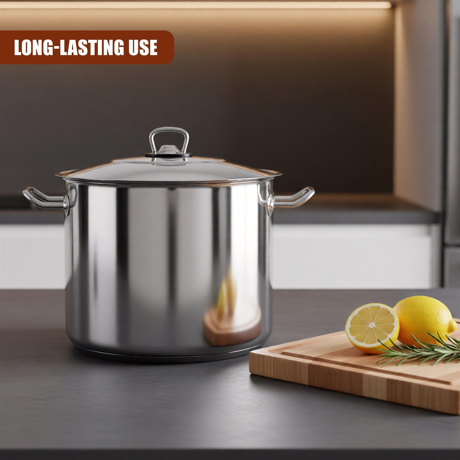 Stainless steel stockpot next to a wooden cutting board containing lemons and herbs.