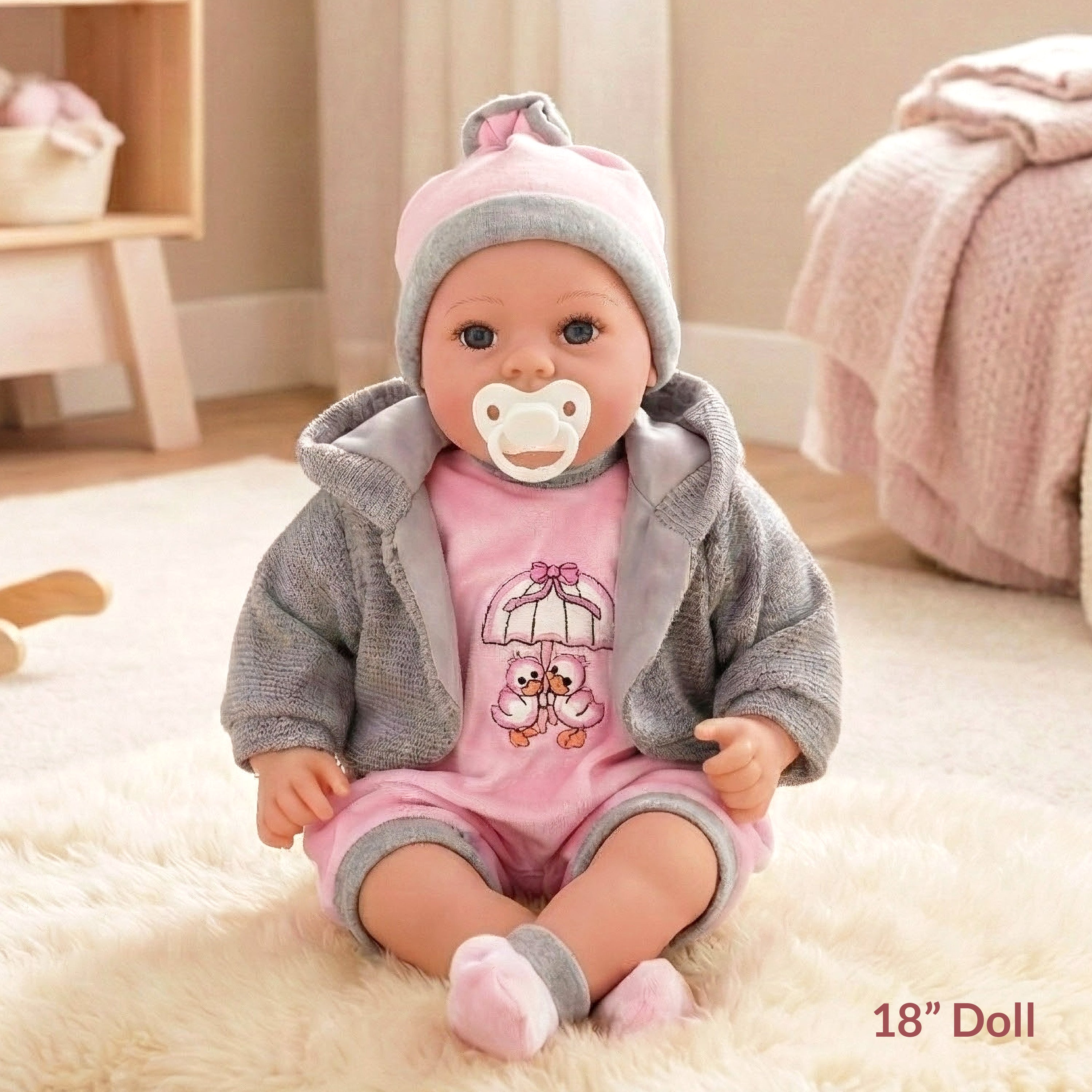 Baby Girl Doll With Dummy & Sounds Grey