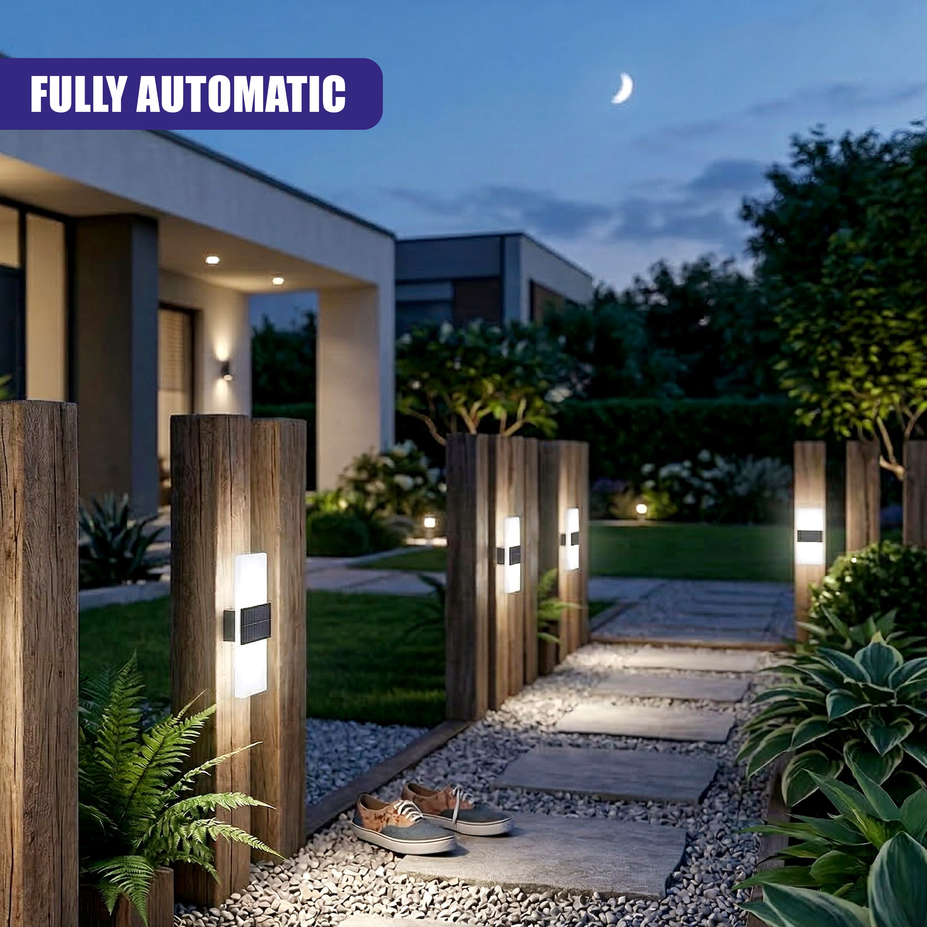 Illuminated acrylic sconces mounted on vertical wood posts lining an outdoor pathway.