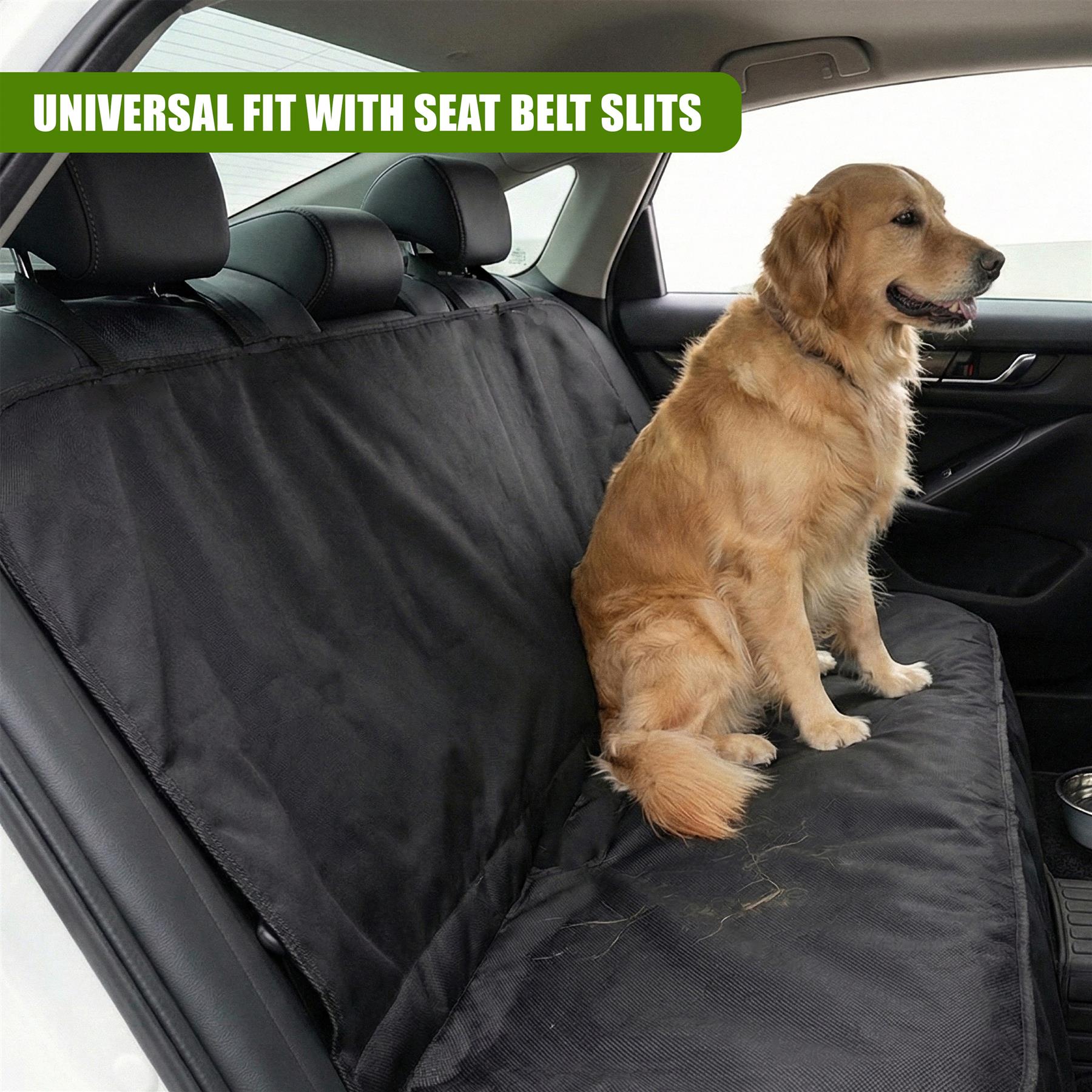 Golden retriever sits on a black, universal car seat cover designed for rear vehicle bench.