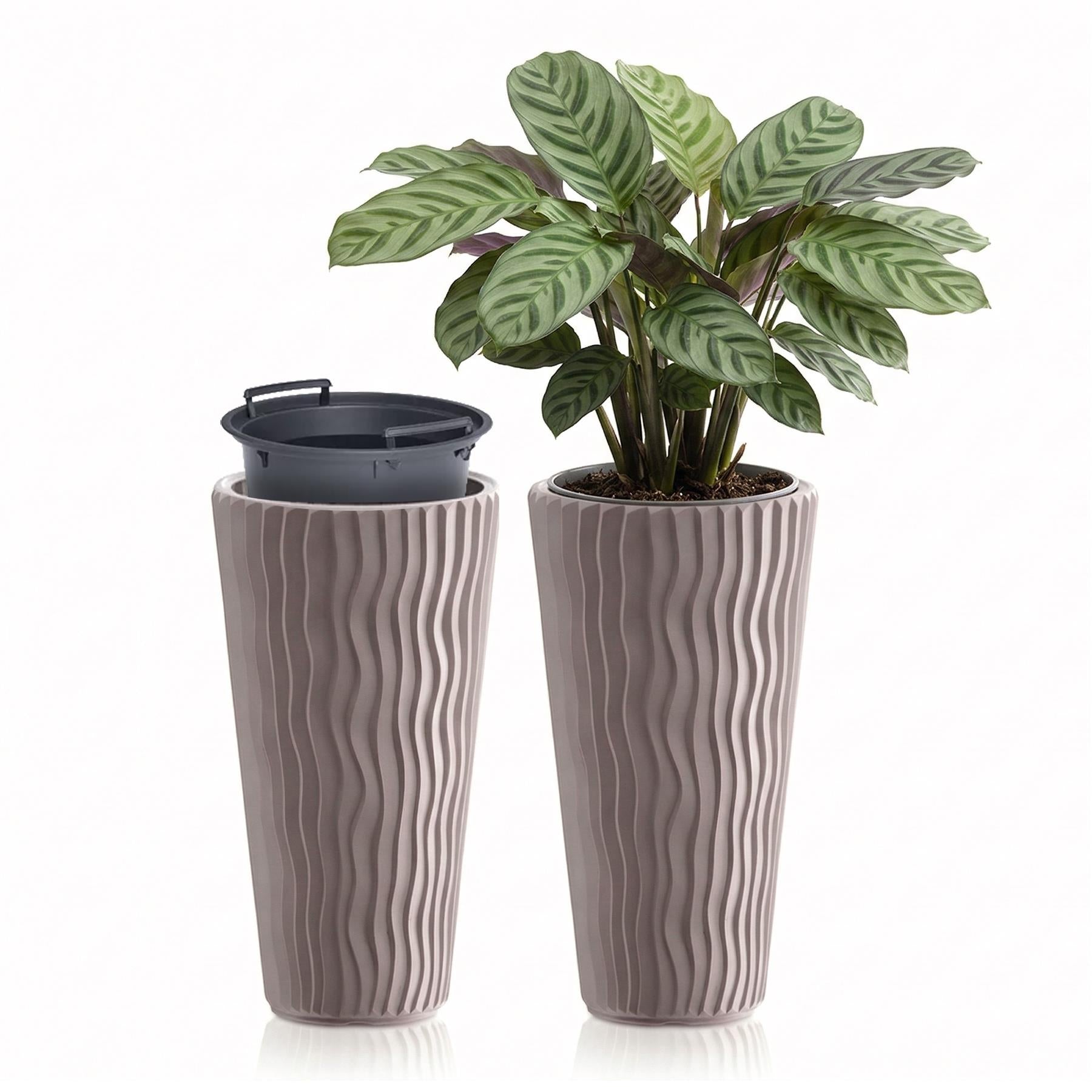 Two tall, ribbed brown pots; the right pot contains a leafy green potted plant.