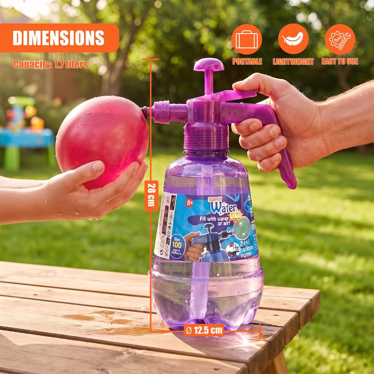 A purple 1.7L water balloon pump bottle with a plunger and spray nozzle, shown with balloons