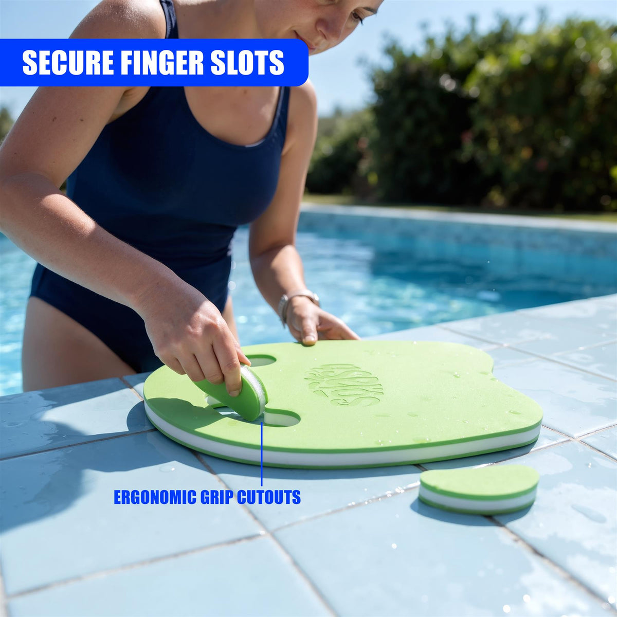 A woman uses a green GEEZY EVA Foam Kickboard float in a swimming pool, featuring finger slots