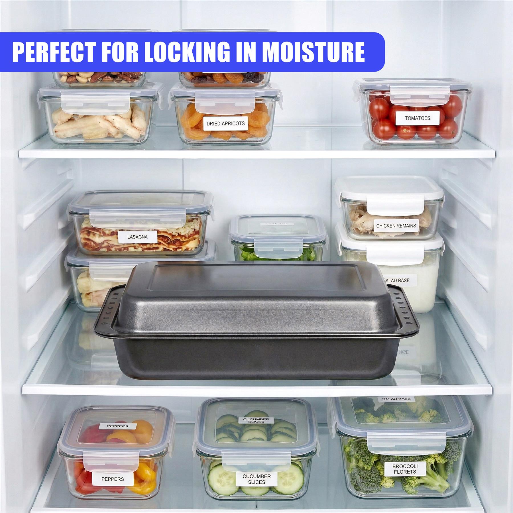 Deep roasting tin placed on a shelf amidst various food storage containers in a refrigerator.