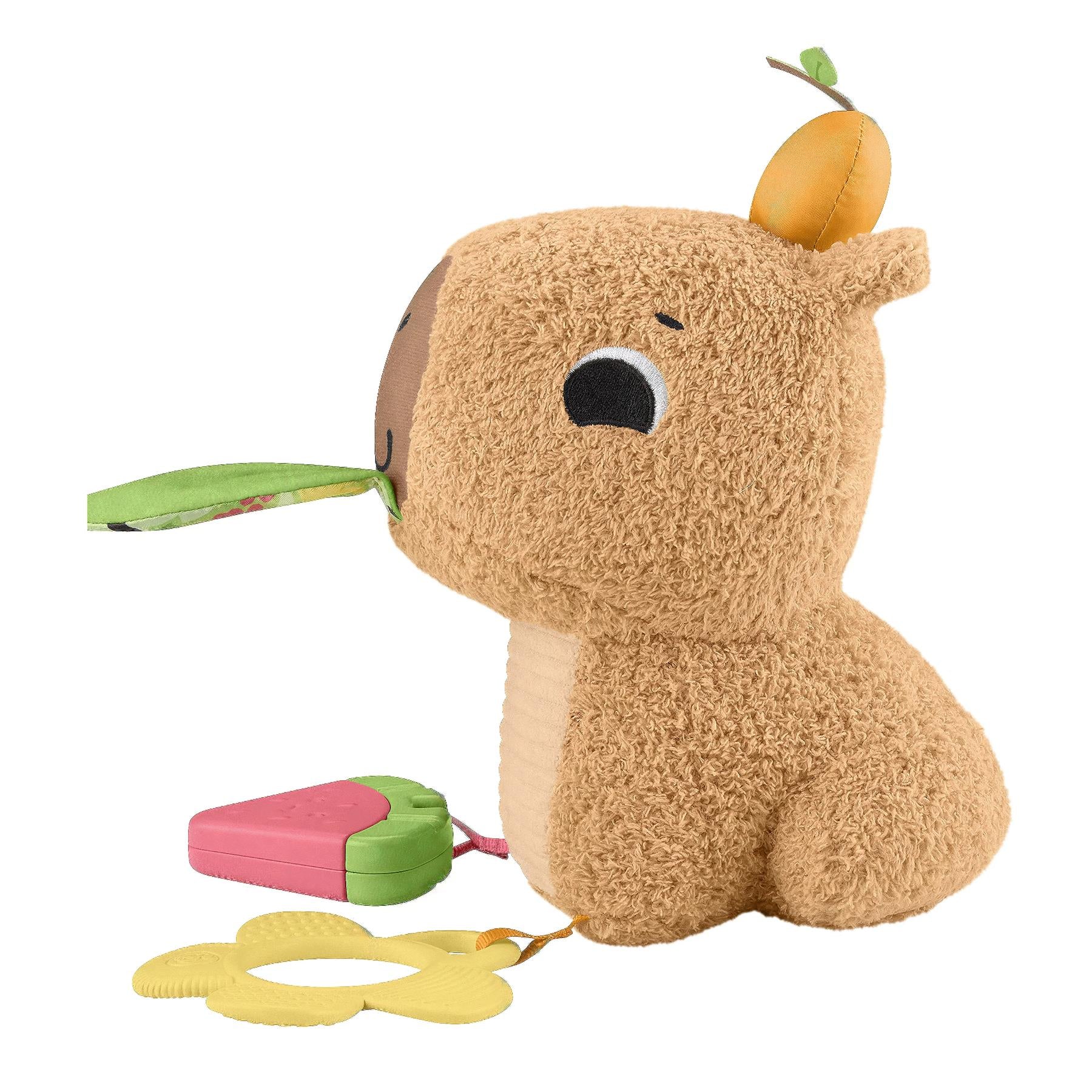 Brown plush capybara toy with attached leaves and multiple sensory accessories for tactile play.