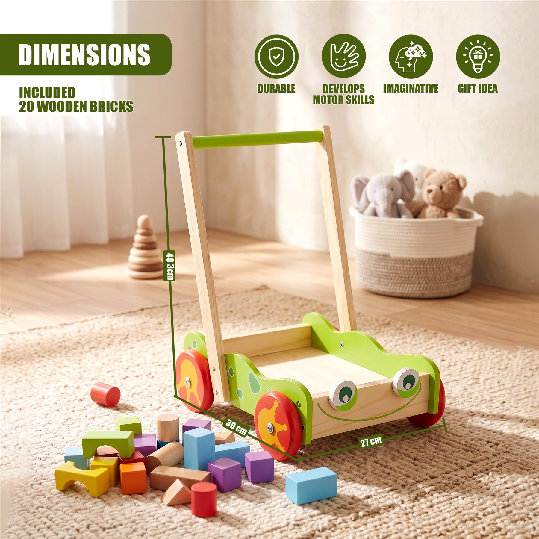 A wooden baby walker toy rests on a rug with numerous stacked and scattered colorful wooden blocks.
