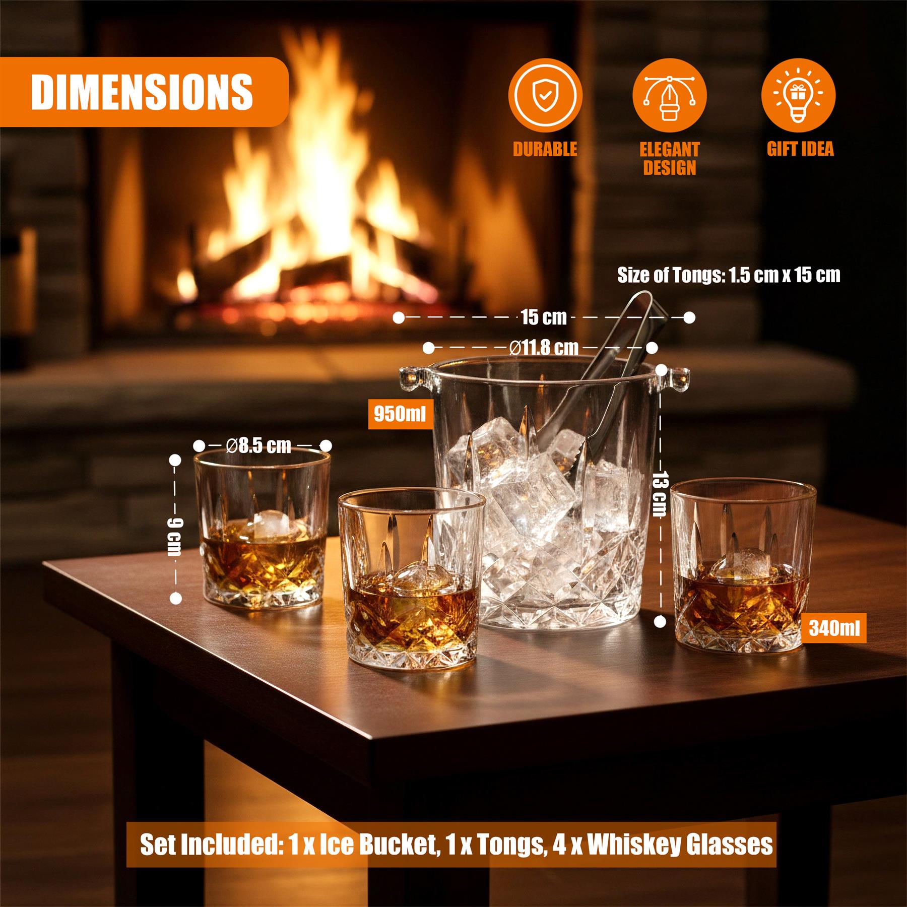 Set of 4 Whiskey Glasses with Ice Bucket