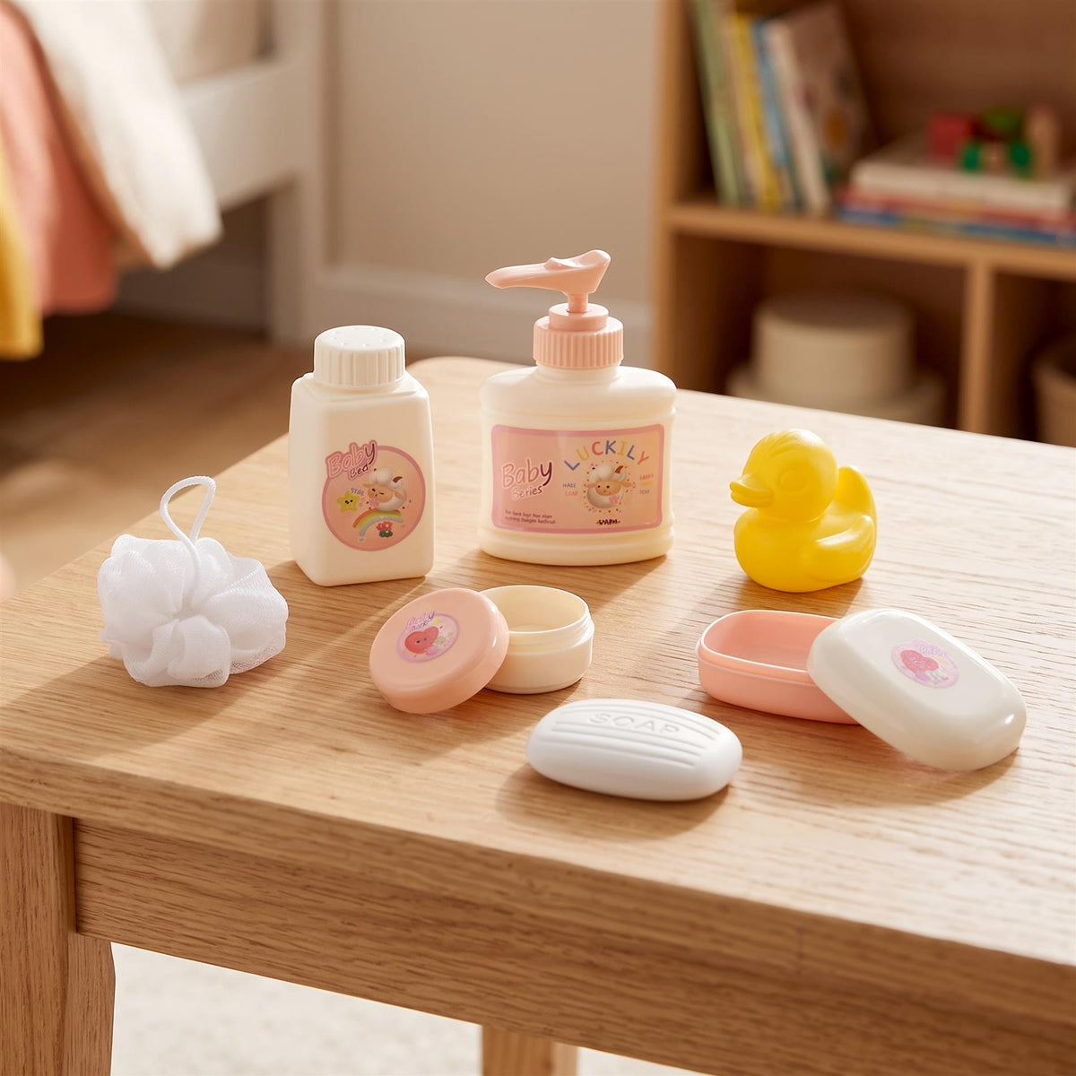 BiBi Doll doll bath set with accessories, including a bathtub and baby doll toiletries