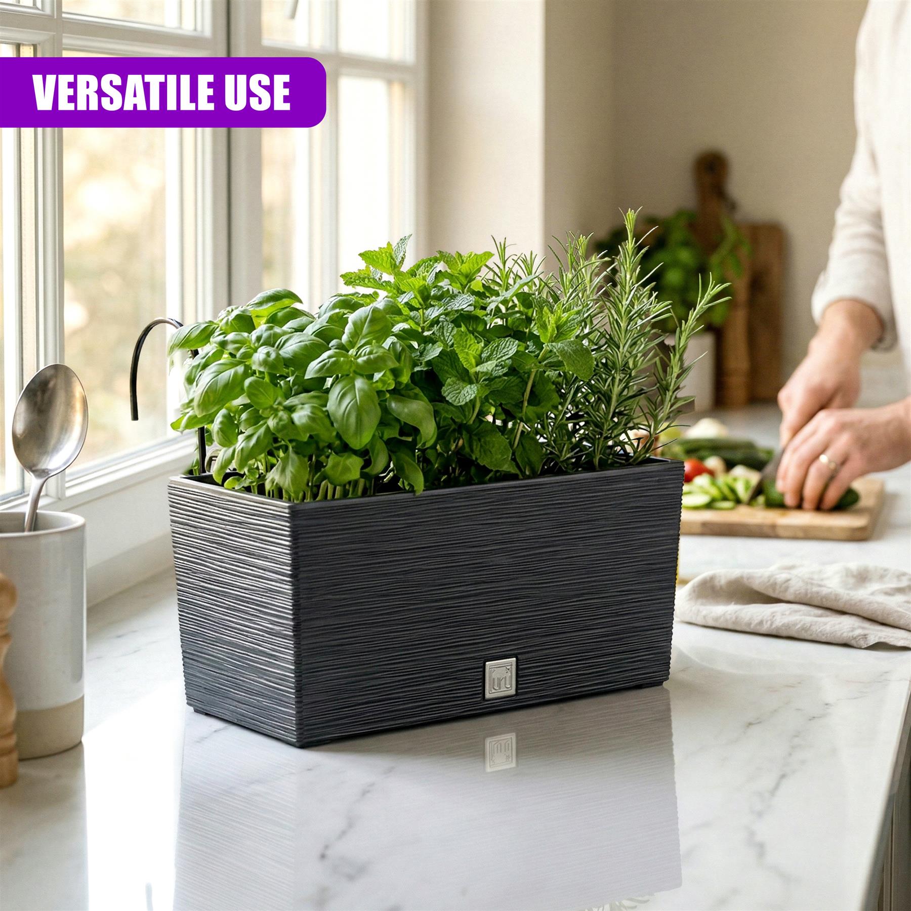 Dark gray rectangular planter holding various green herbs and potted plants on a counter.