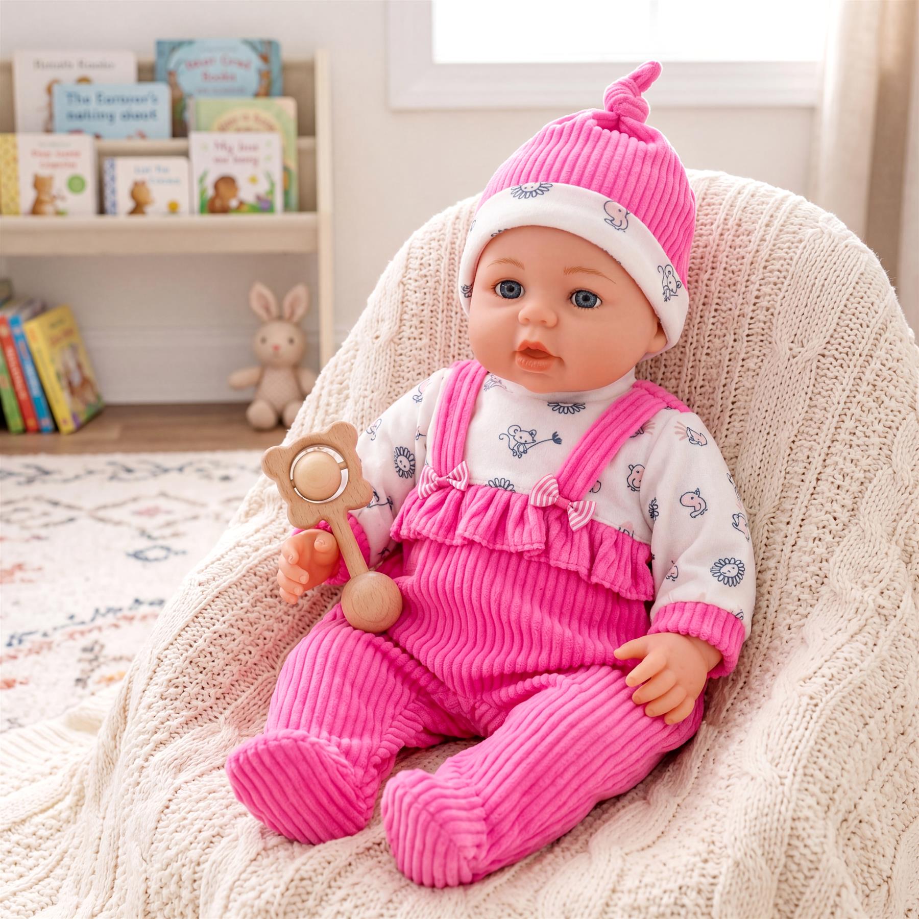 A doll wearing a hot pink knitted romper and beanie sits in a creamy white chair, holding a toy.