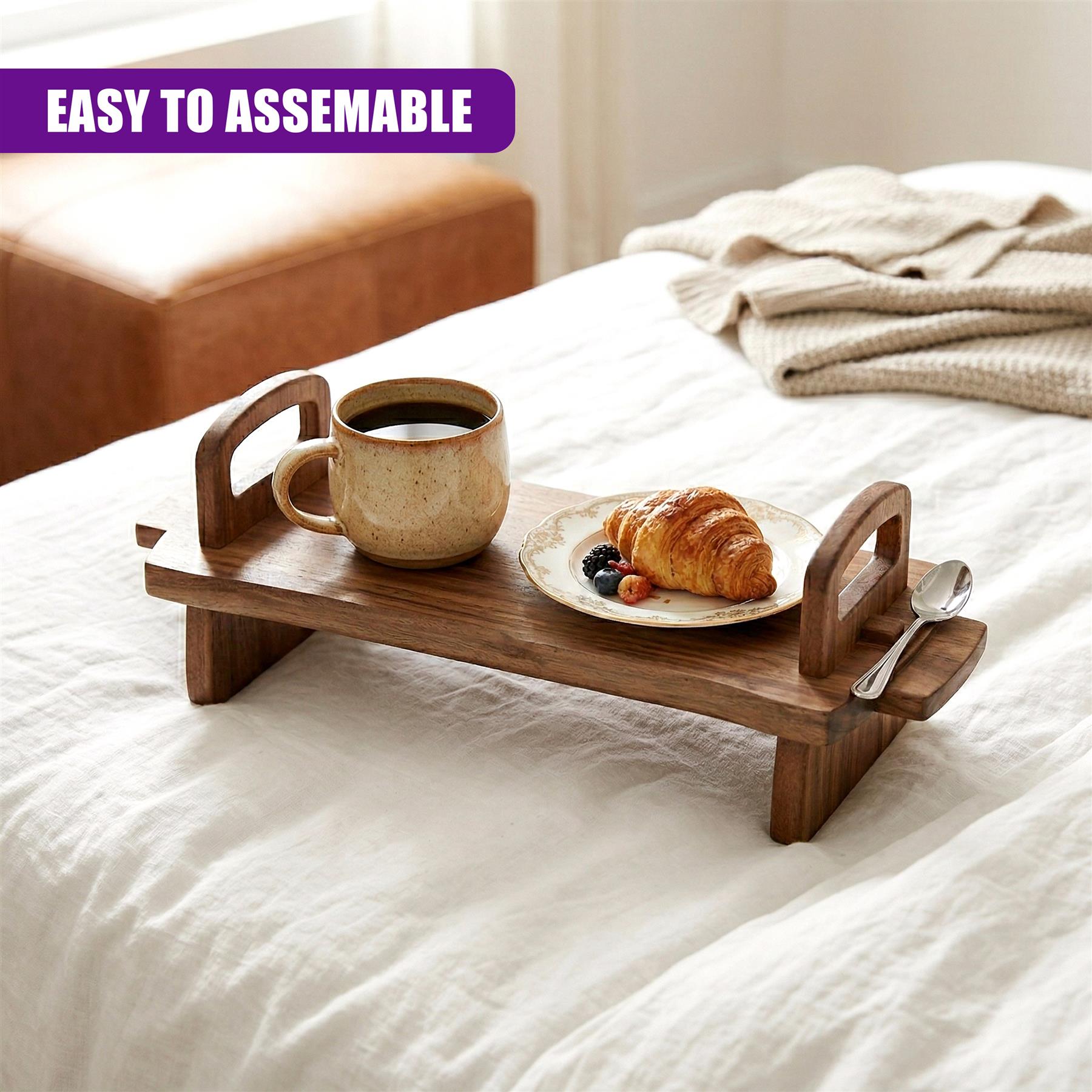 Acacia wood serving tray holding a coffee mug, plate with croissant, and a small spoon.