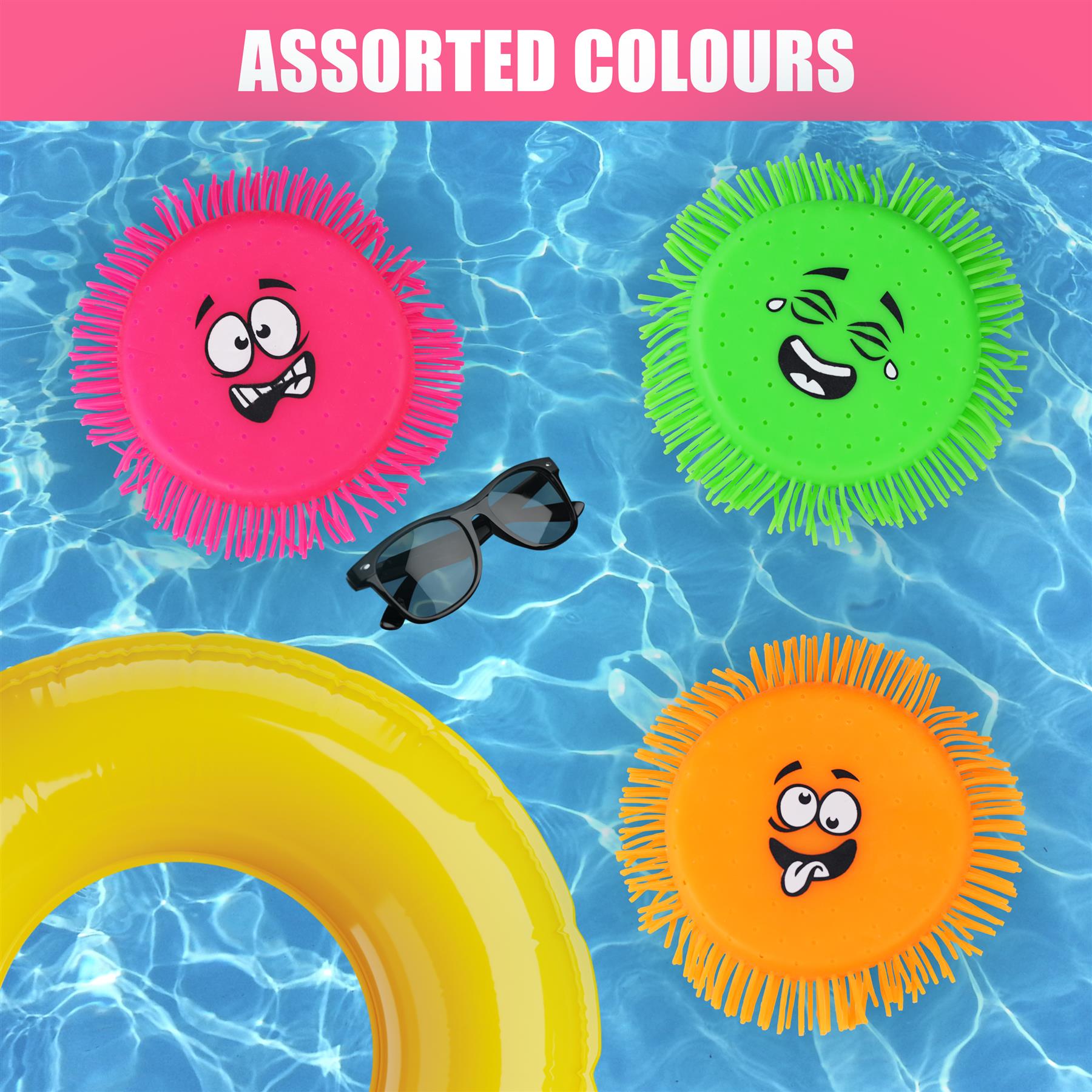 "The Magic Toy Shop offers three water-absorbing flying disc toys of different colors, floating on a pool."