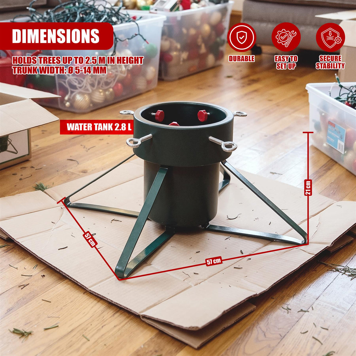 GEEZY metal Christmas tree stand with a water tank, shown on a cardboard base