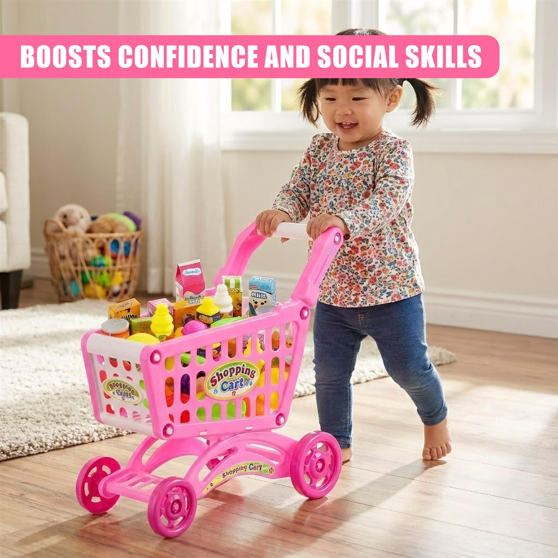 "Pink children's shopping cart with play food set." - The Magic Toy Shop