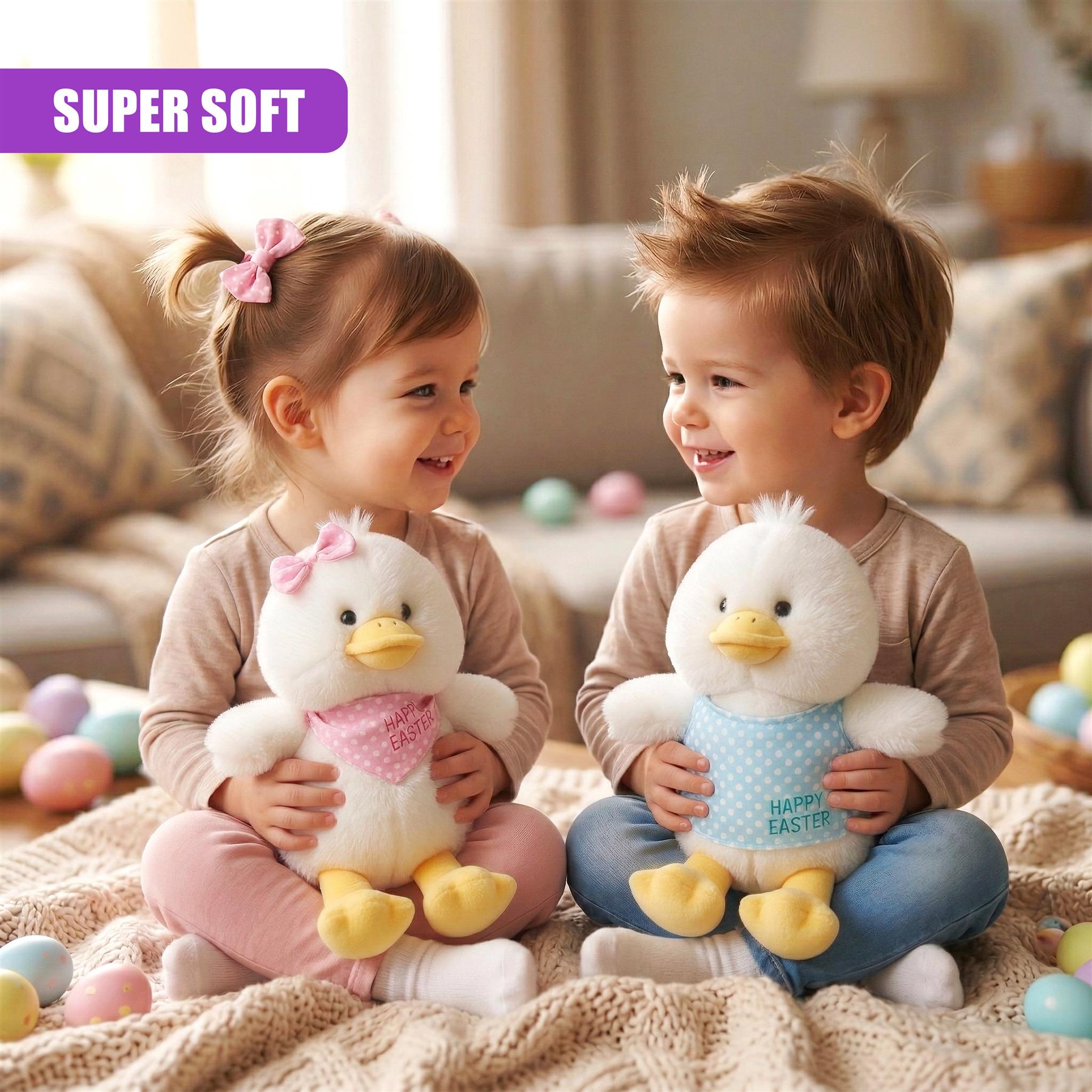 Two children hold plush white chick toys sitting among colorful Easter eggs.