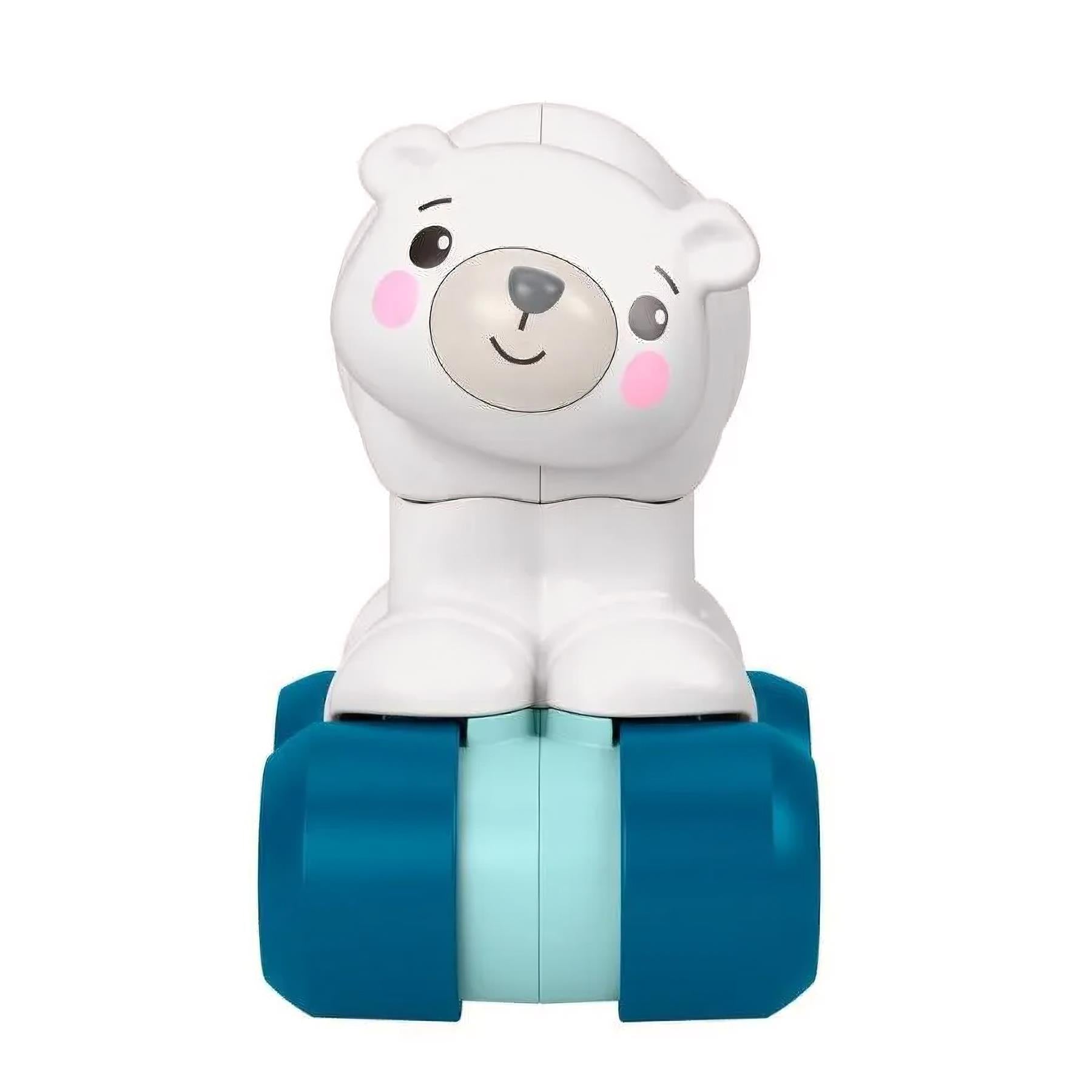 White plastic polar bear figurine seated on a bright blue base with rolling wheels.