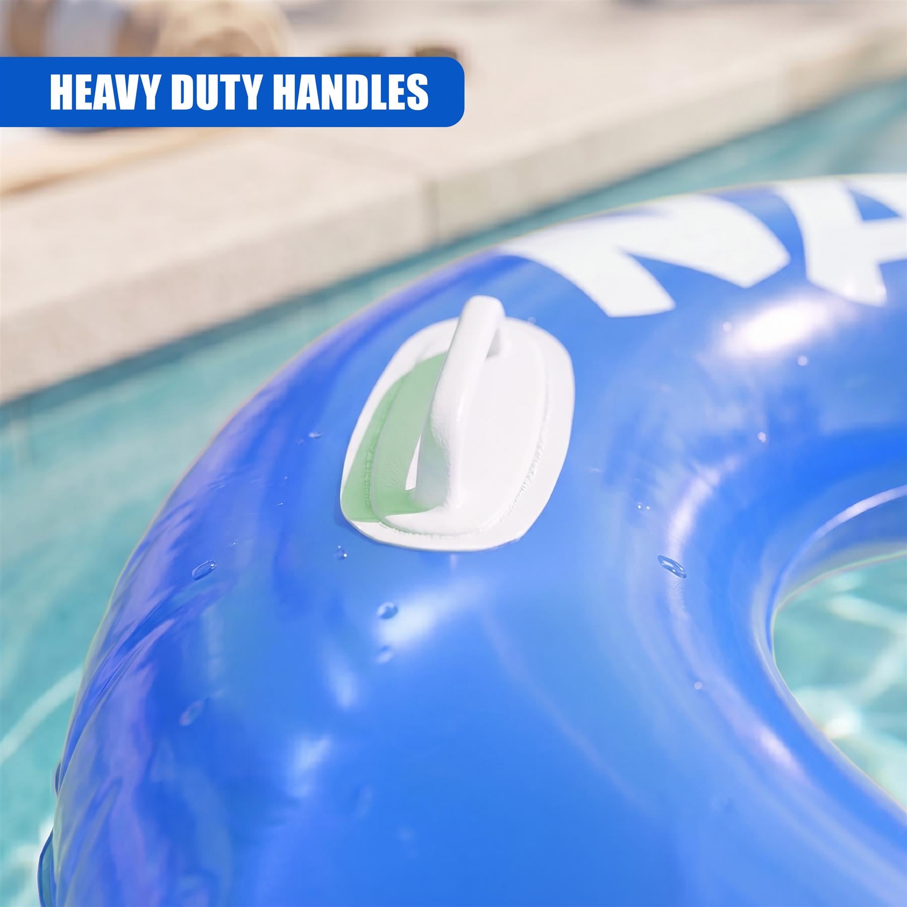 Blue inflatable pool ring featuring a prominent white and light green handle attached to the side.