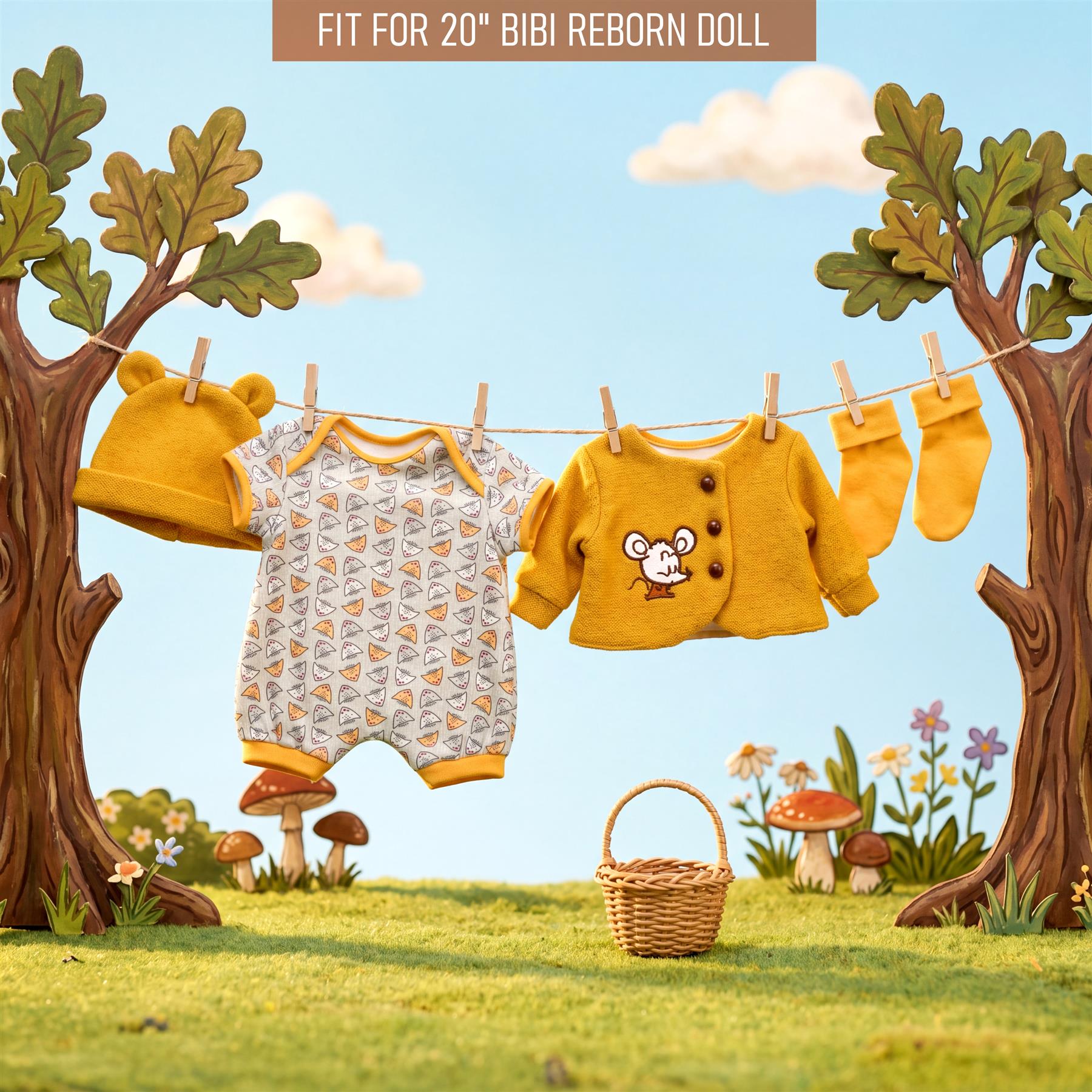A hanging display of three doll outfits on a clothesline in a detailed garden setting.