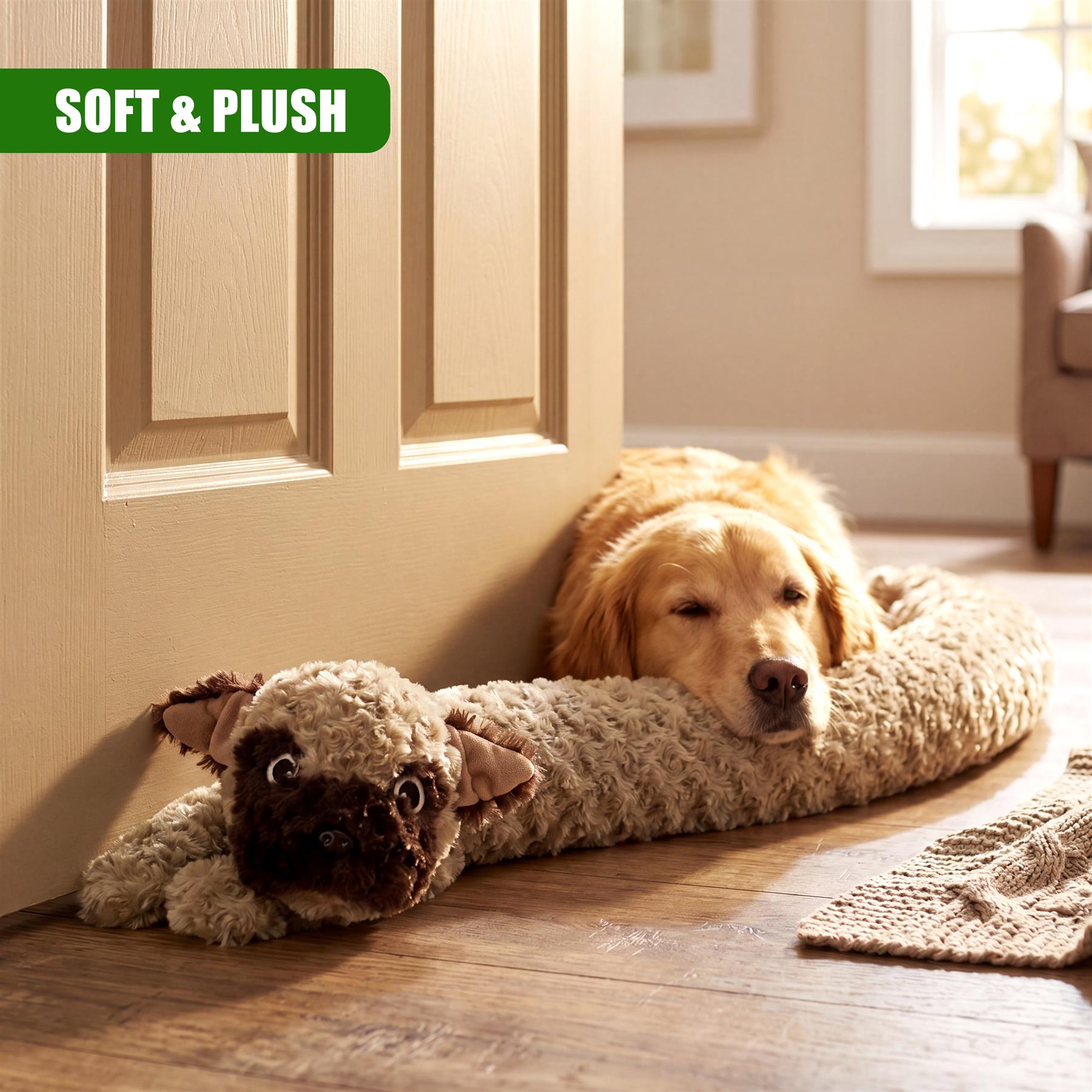 Plush dog draught excluder rests against a door, featuring a attached puppy face novelty toy.