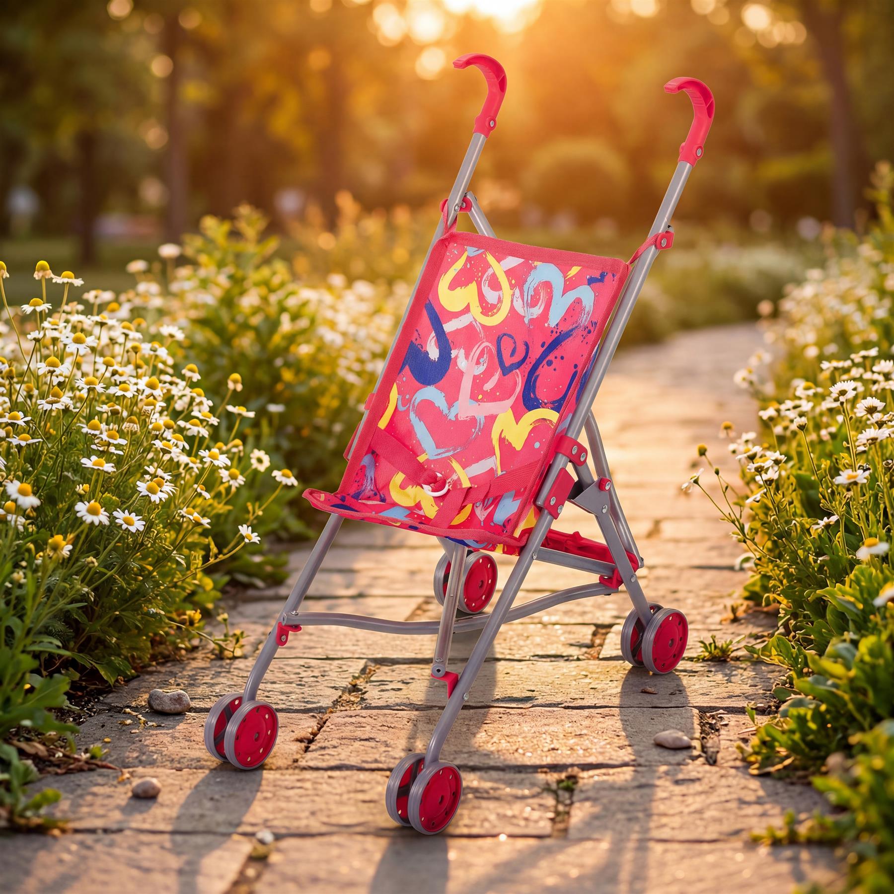 Pink doll's buggy with graffiti art stands on a stone path among flowers.